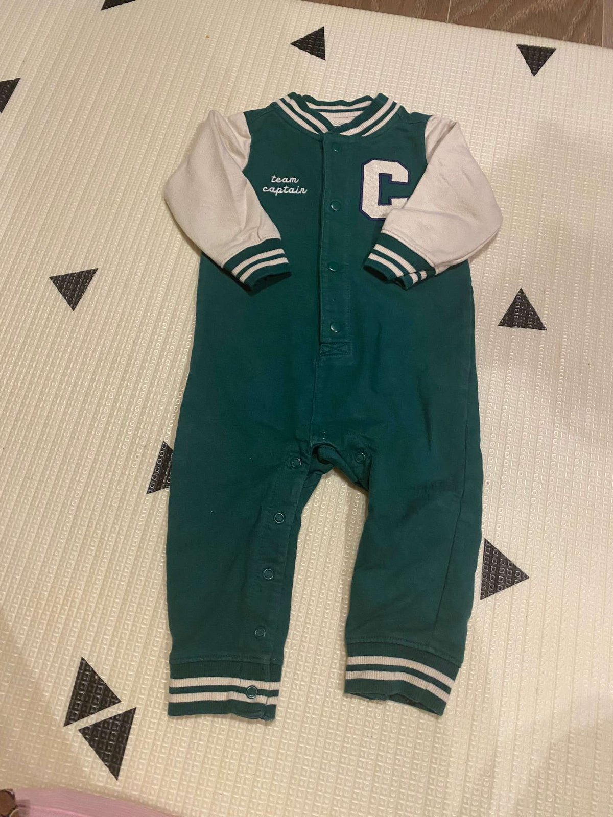 Green and Cream Varsity Jumpsuit , Kids 12 Month (9-12M)