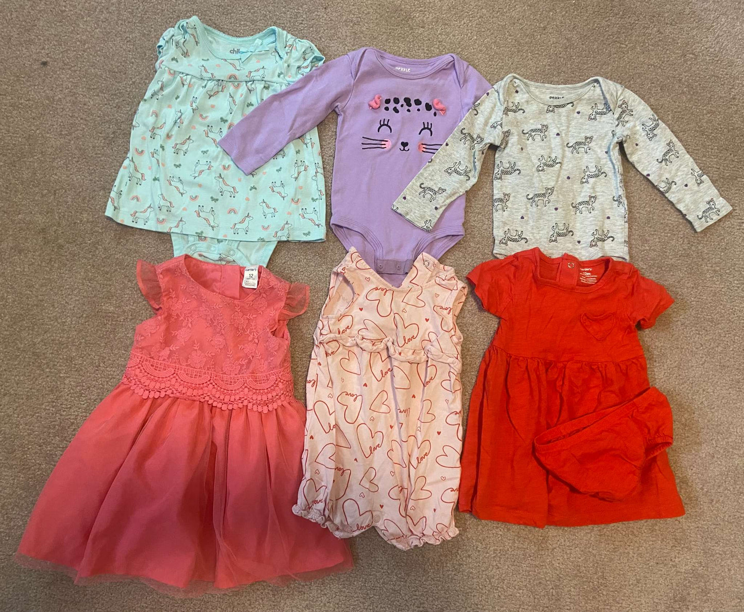12-Month 6-Pack Dresses & Onesies, Multibrand, Animals & Valentine Themes, Kids 12 Month (9-12M)