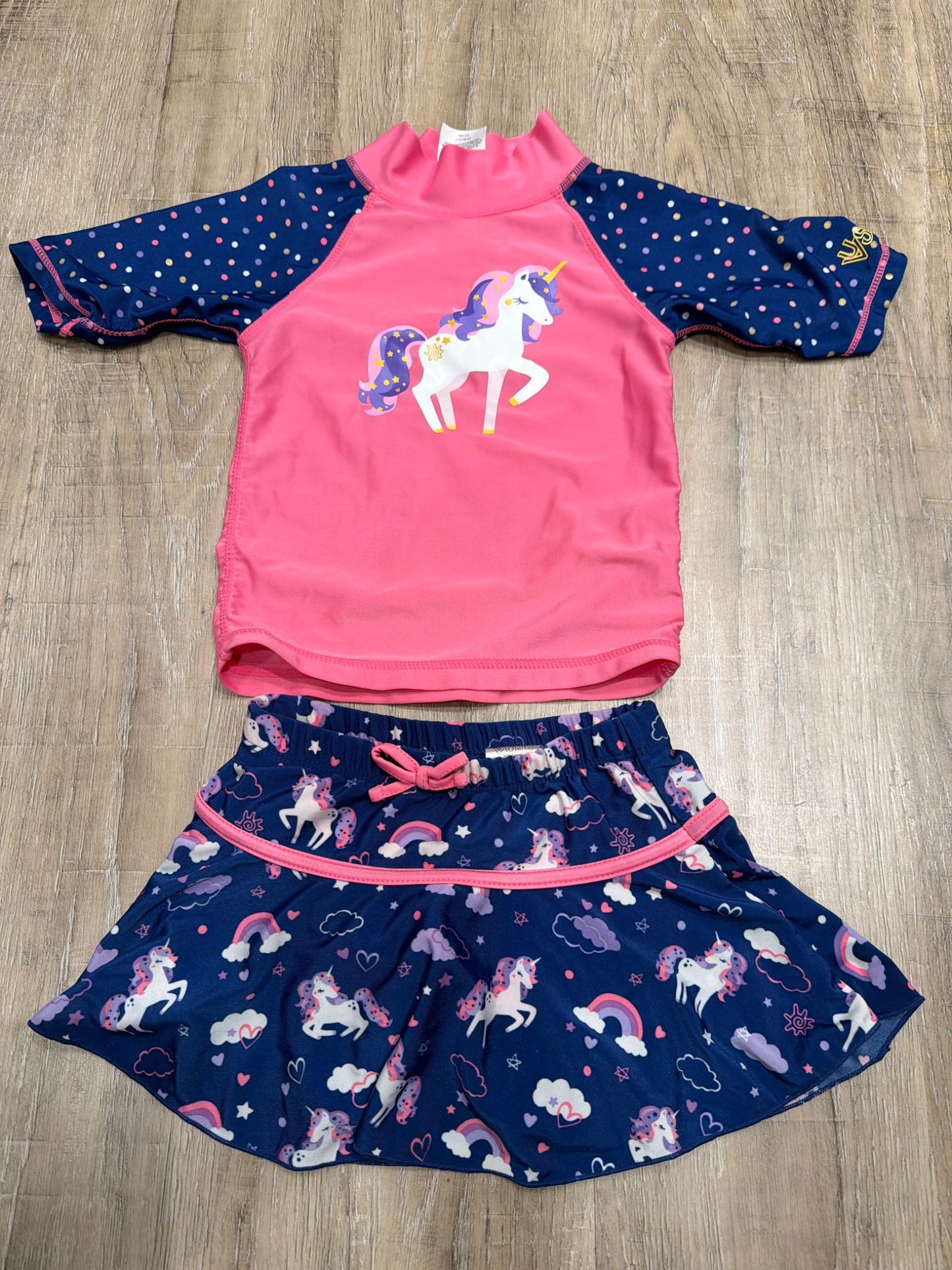 Unicorn 4T swimsuit rashguard and swimsuit skirt, Kids 4/4T