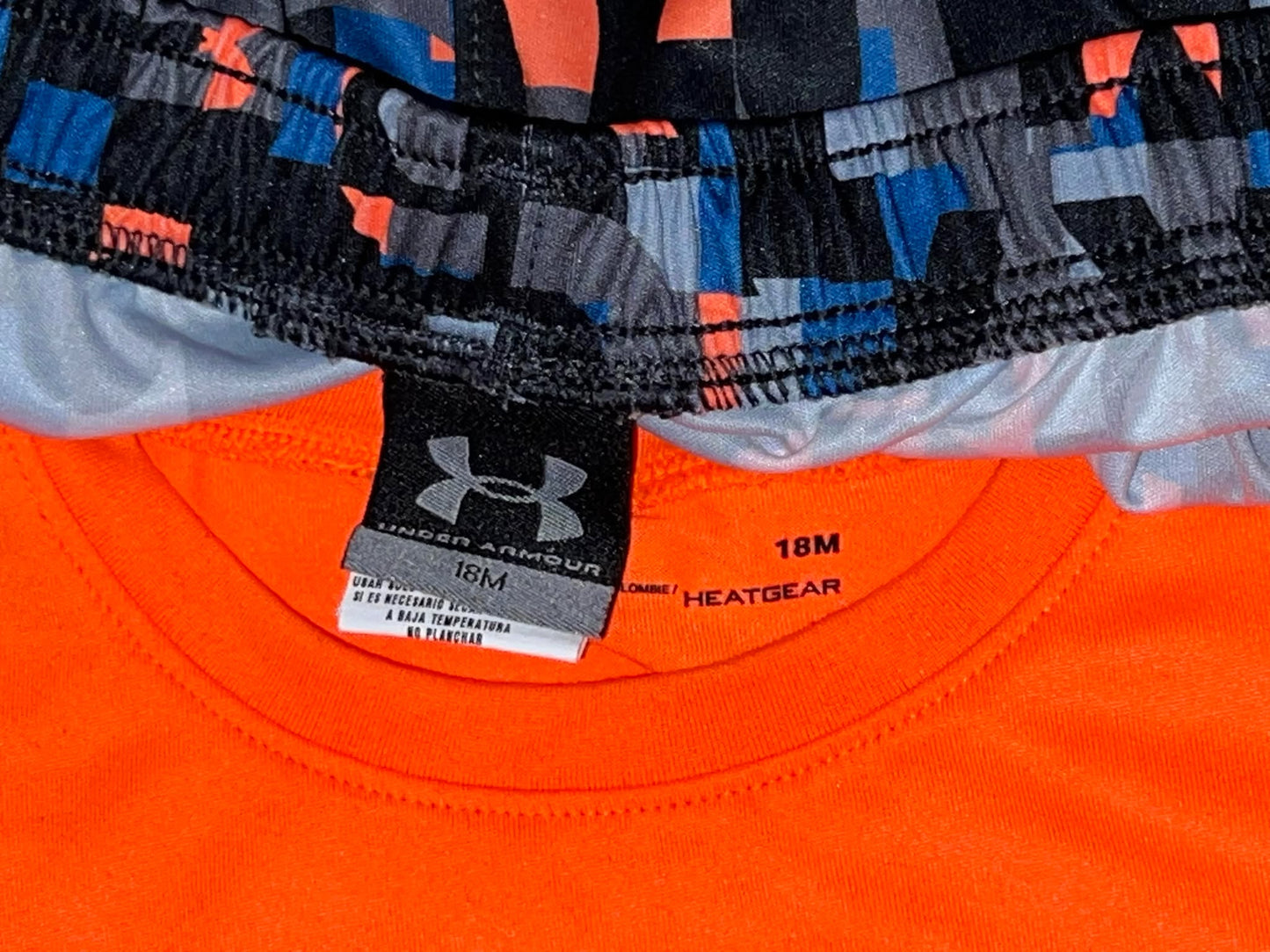 EUC, Boys Under Armour T-shirt and Short Set, size 18 mos, Bright Orange/Blue/Grey/Black, Kids 18 Month (12-18M)