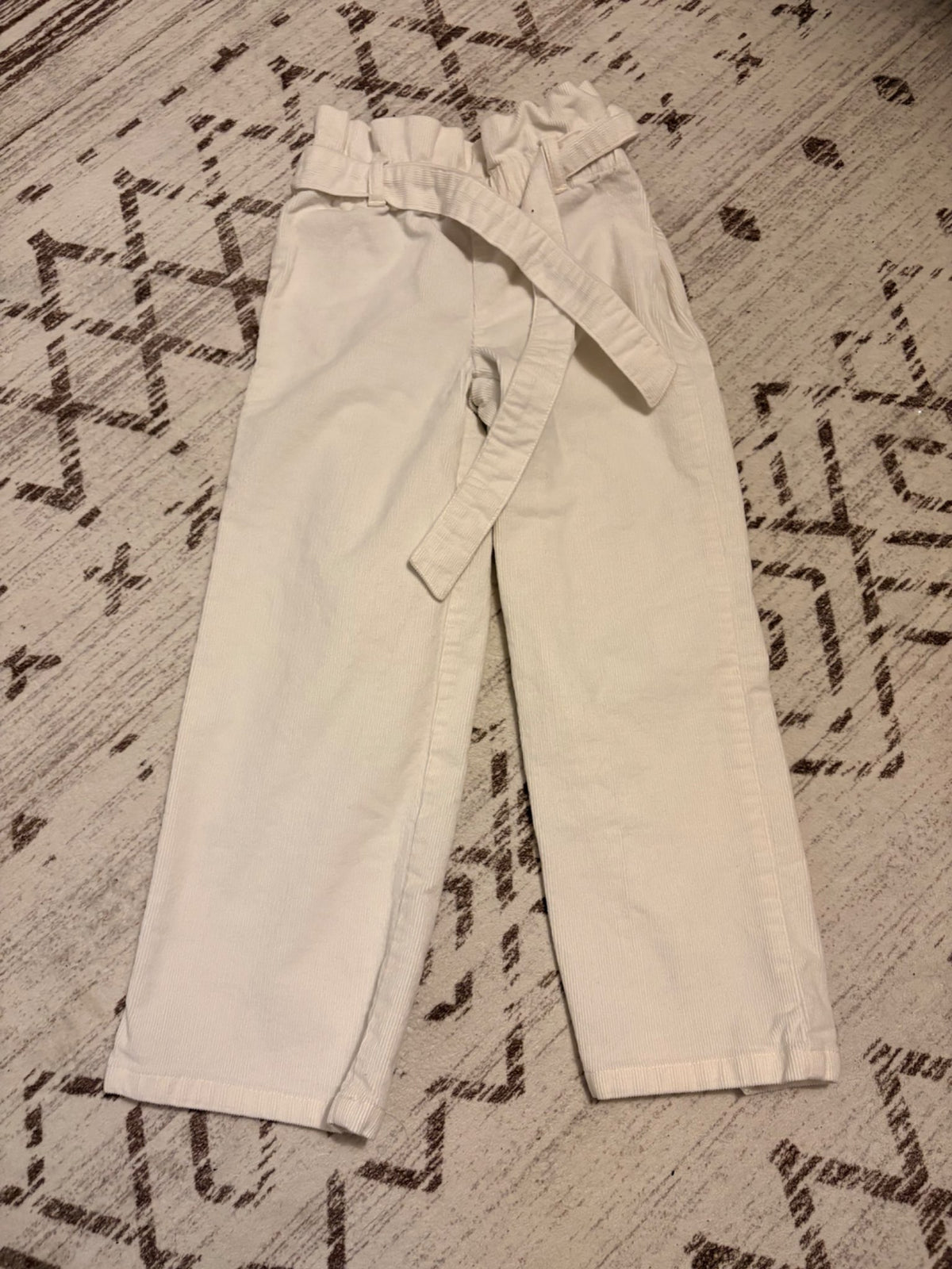White Corduroy Paperbag Waist Pants, Kids 6/6X
