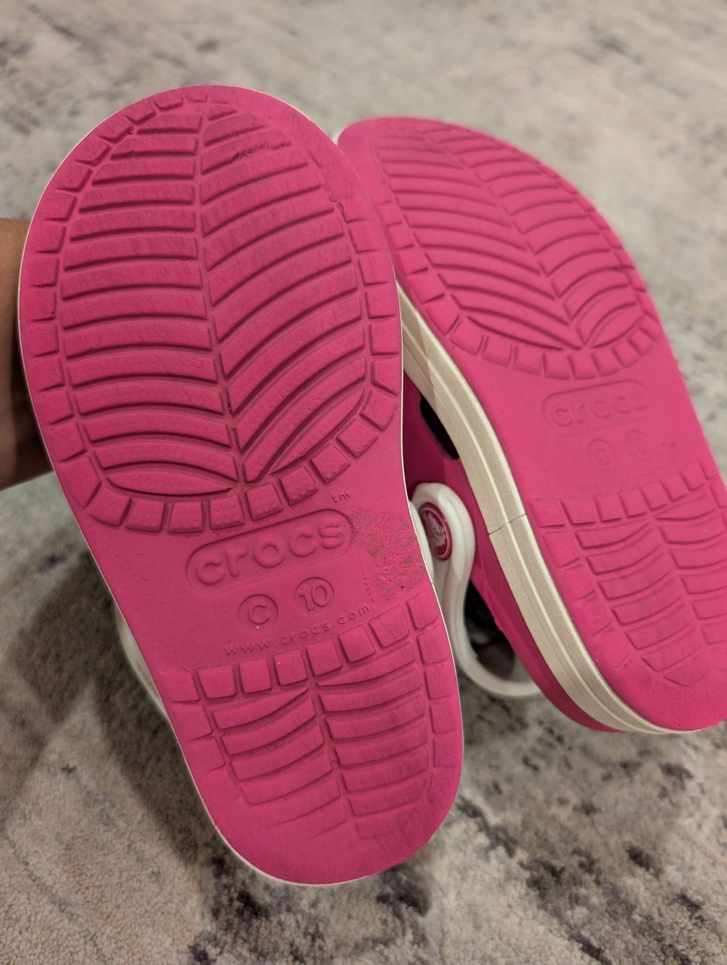 Pink and White Branded Crocs - 10, Shoes 10 (Toddler:2-4yr)
