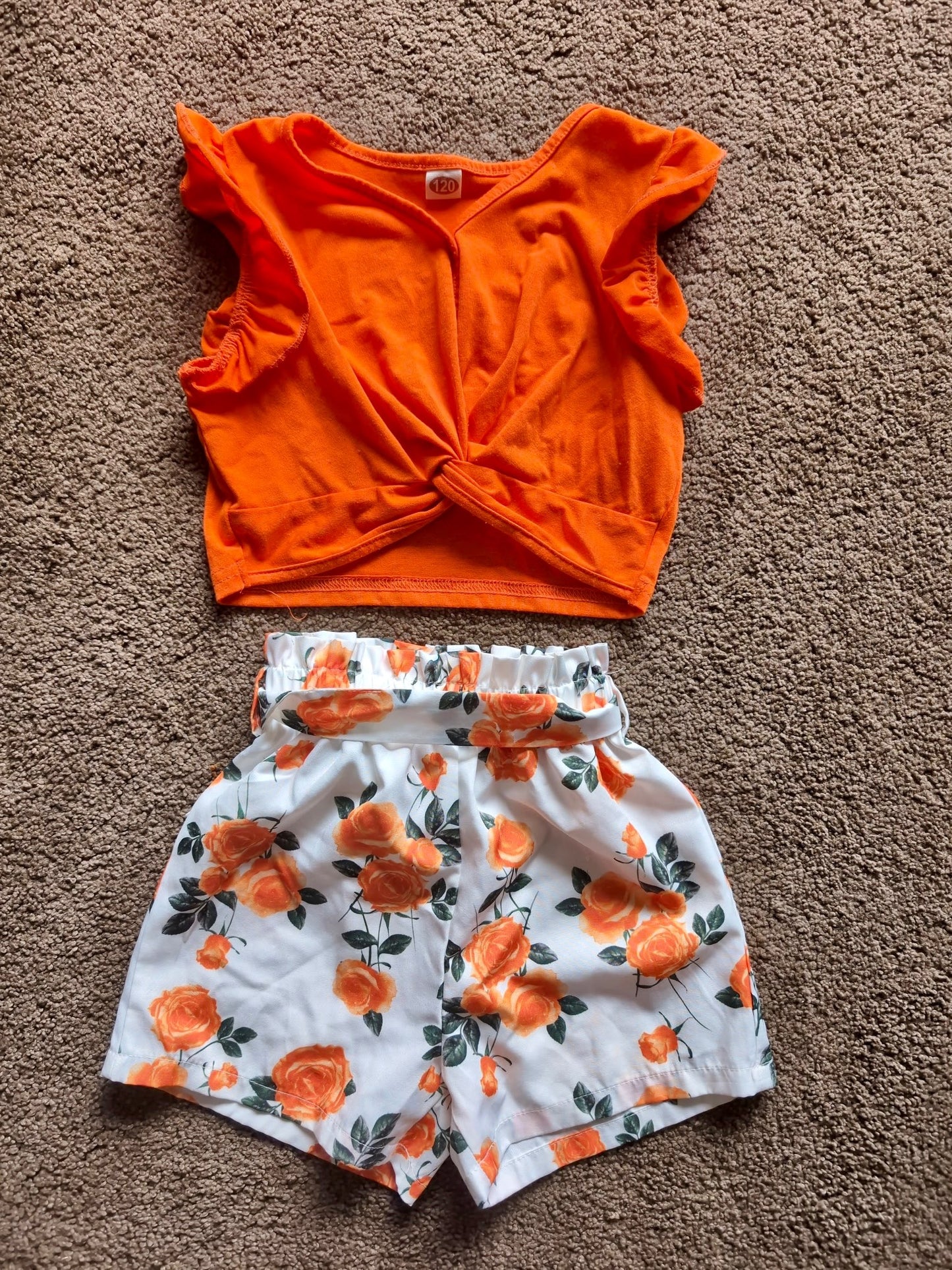 Orange Floral Matching Set, cropped tshirt + high waisted shorts, 3T, Kids 3T