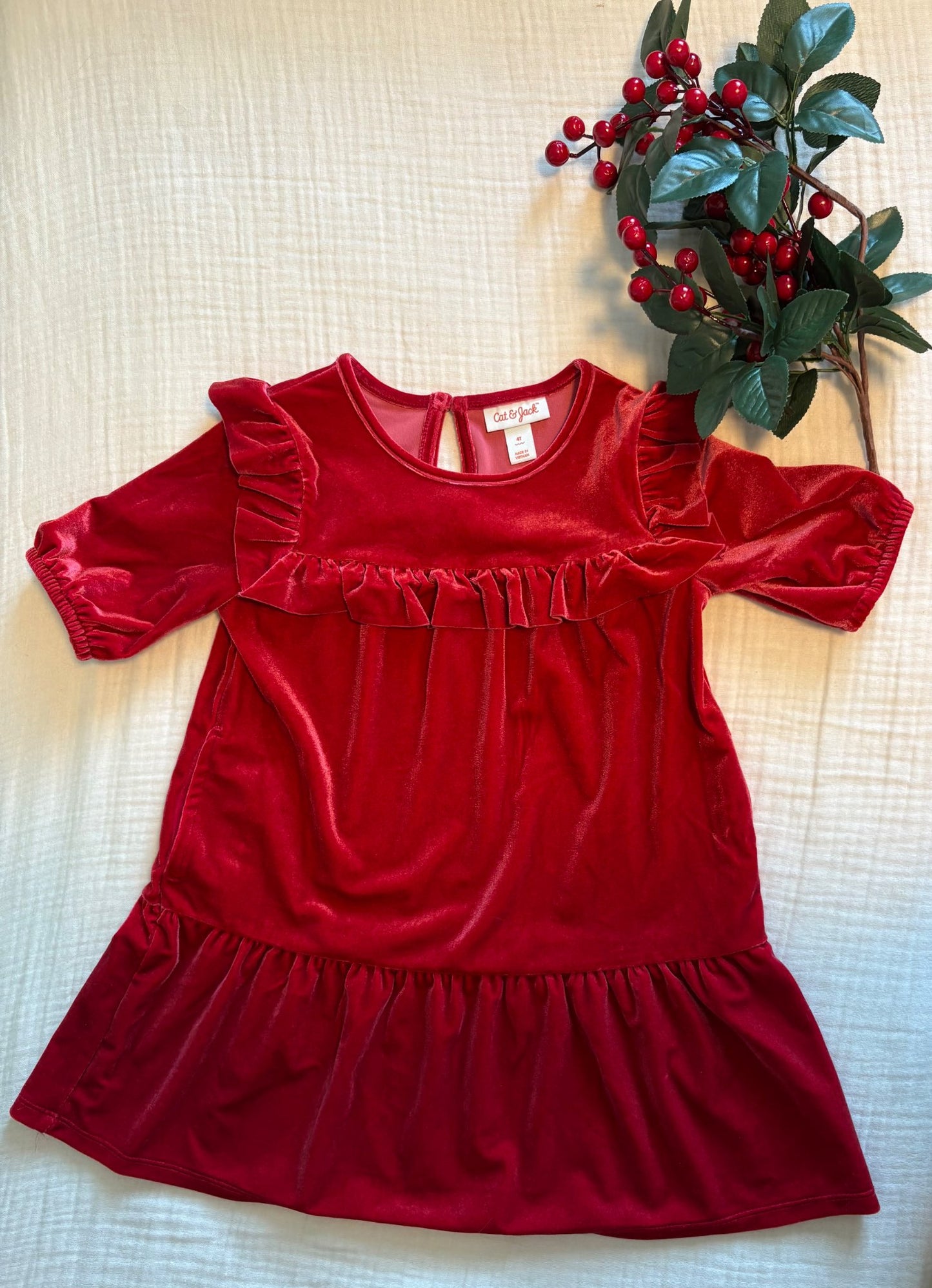 Cat & Jack 4T Toddler Girls Red Velvet Style Dress, Kids 4/4T