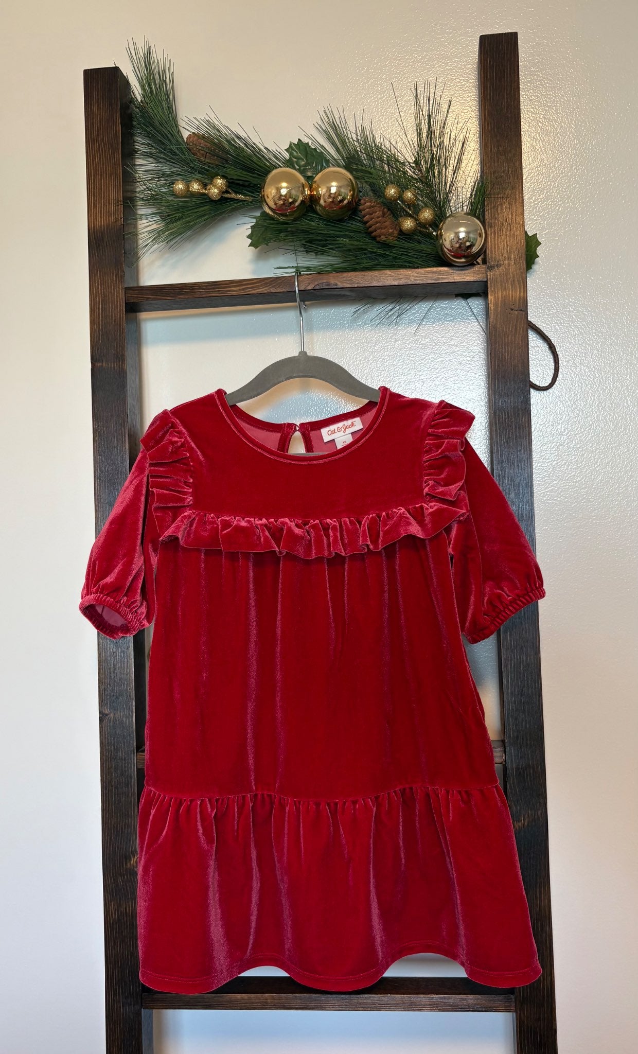 Cat & Jack 4T Toddler Girls Red Velvet Style Dress, Kids 4/4T