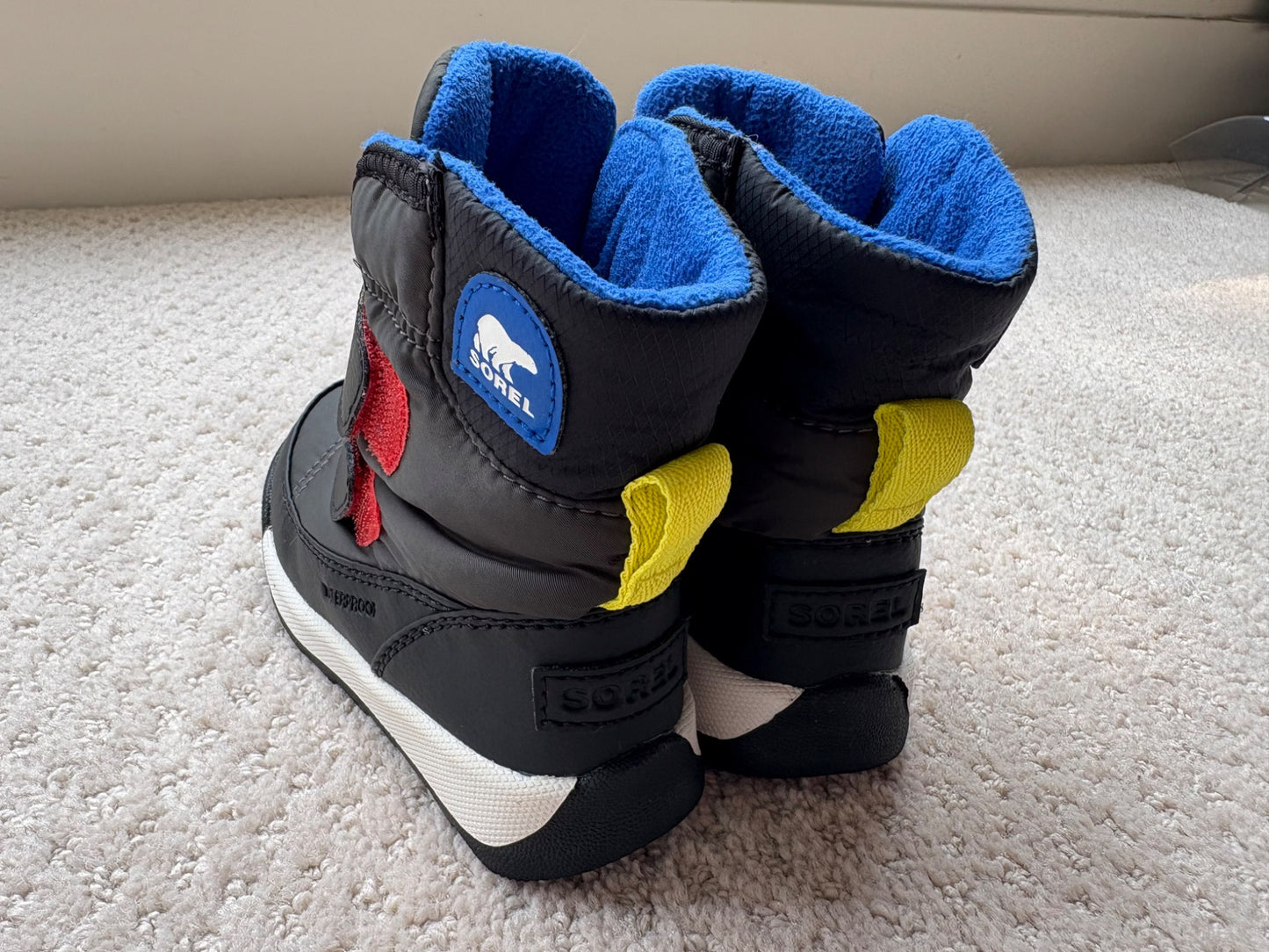 Sorel - winter boots, black w/ colourful accents, Velcro closures, size 6, retail $80, Shoes 6 (Walkers:12-24 mth)