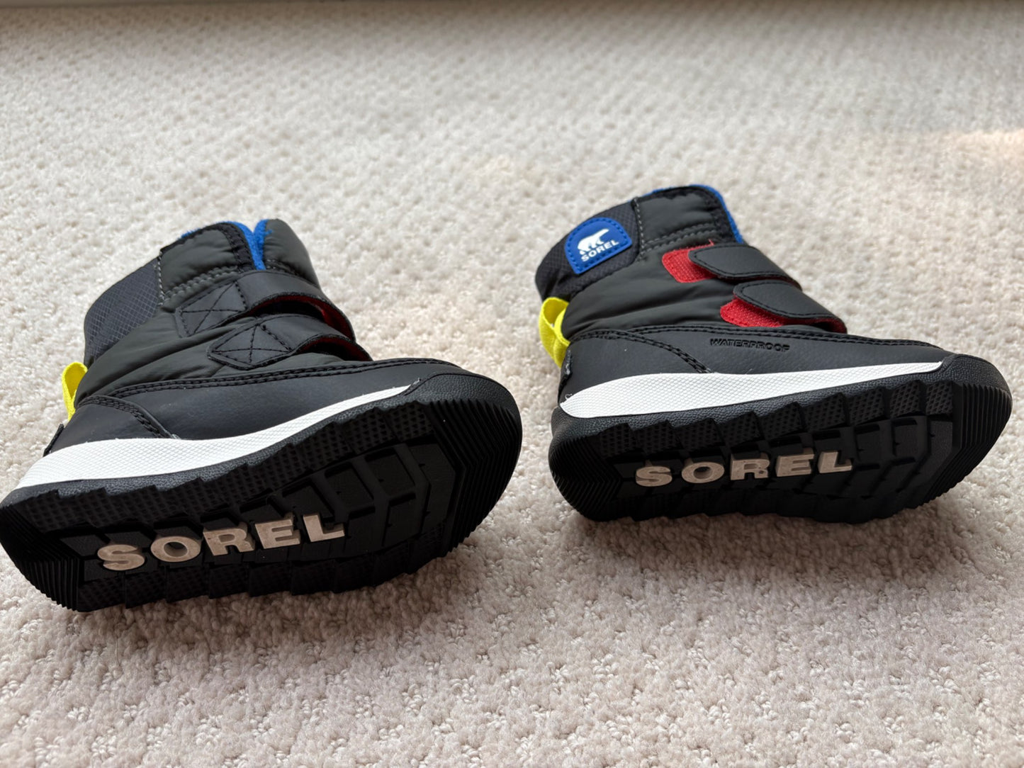 Sorel - winter boots, black w/ colourful accents, Velcro closures, size 6, retail $80, Shoes 6 (Walkers:12-24 mth)