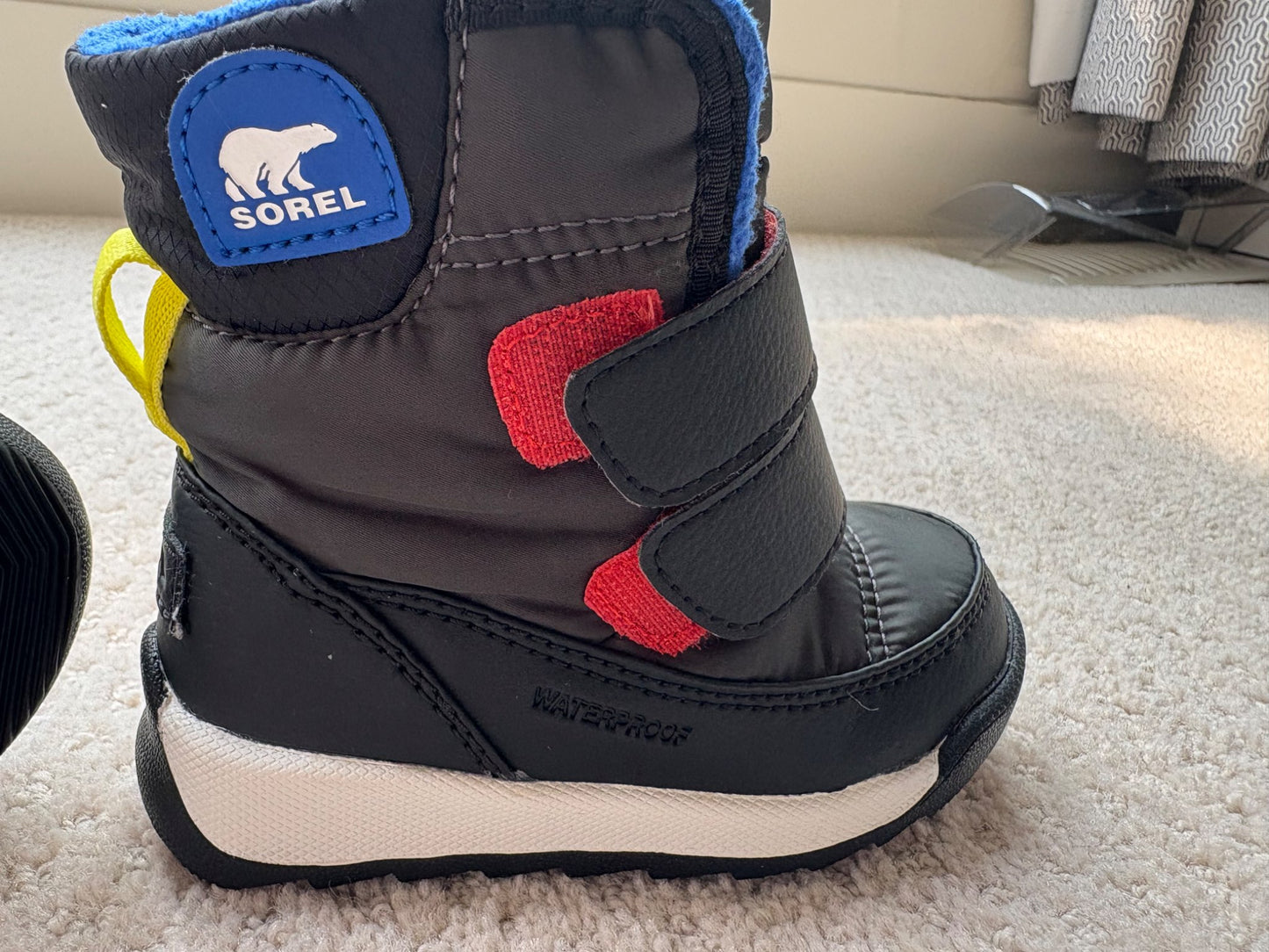 Sorel - winter boots, black w/ colourful accents, Velcro closures, size 6, retail $80, Shoes 6 (Walkers:12-24 mth)