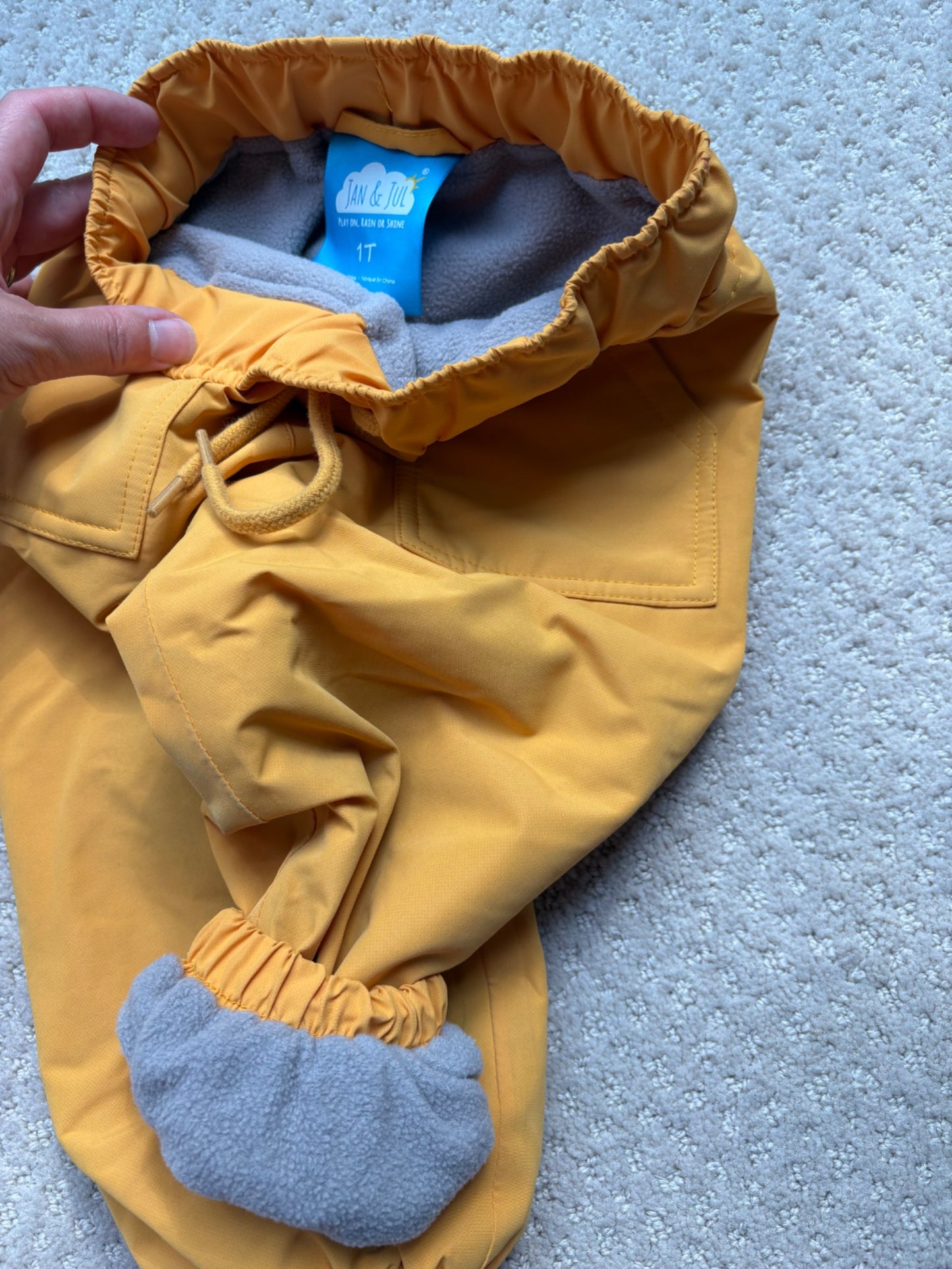 Jan & Jul - yellow fleece lined snow pants, size 1T, retail $55, Kids 12 Month (9-12M)