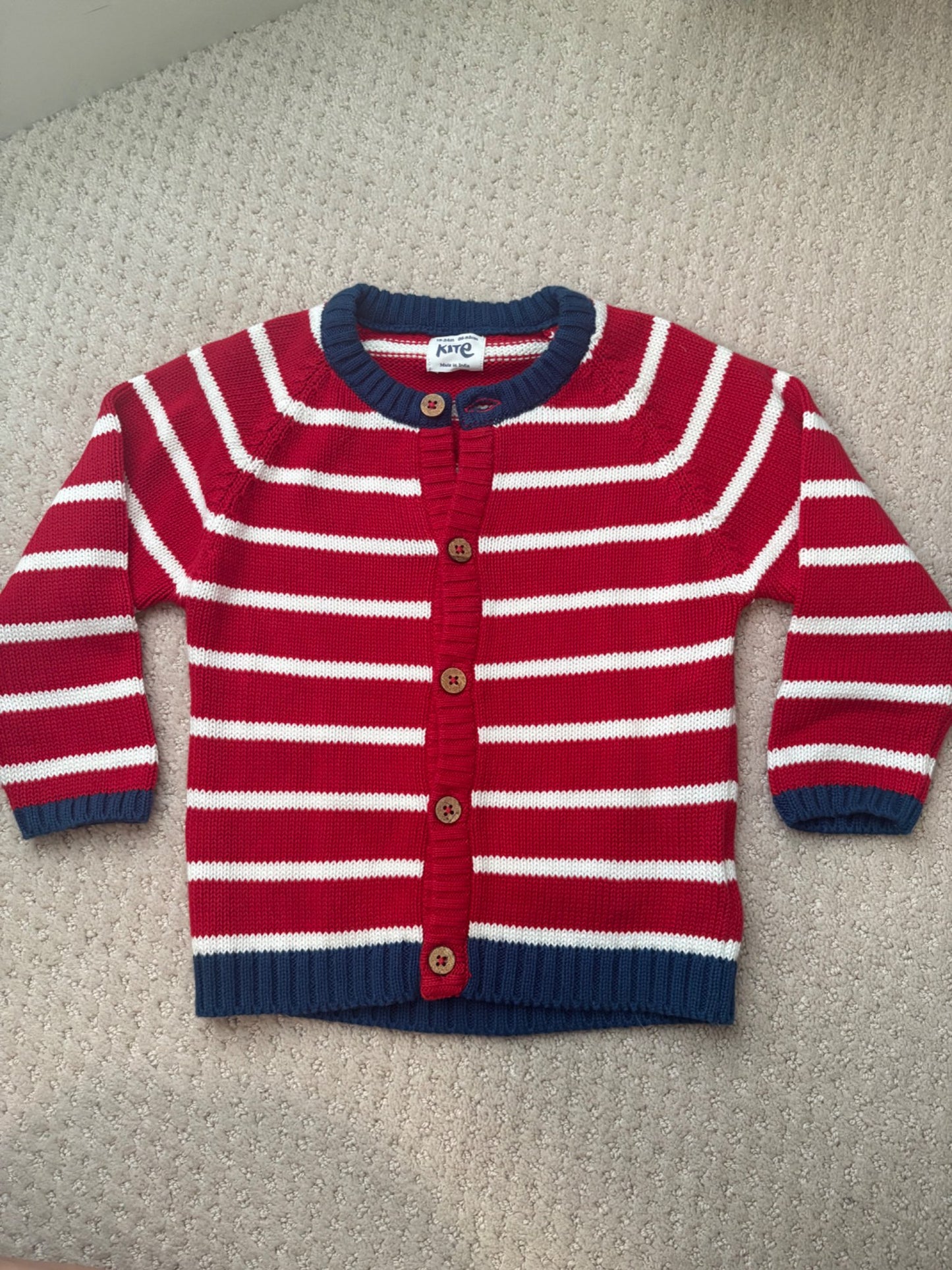 UK Kite 🇬🇧 - red knitted stripe button up sweater, 18-24m, Kids 24 Month (18-24M)
