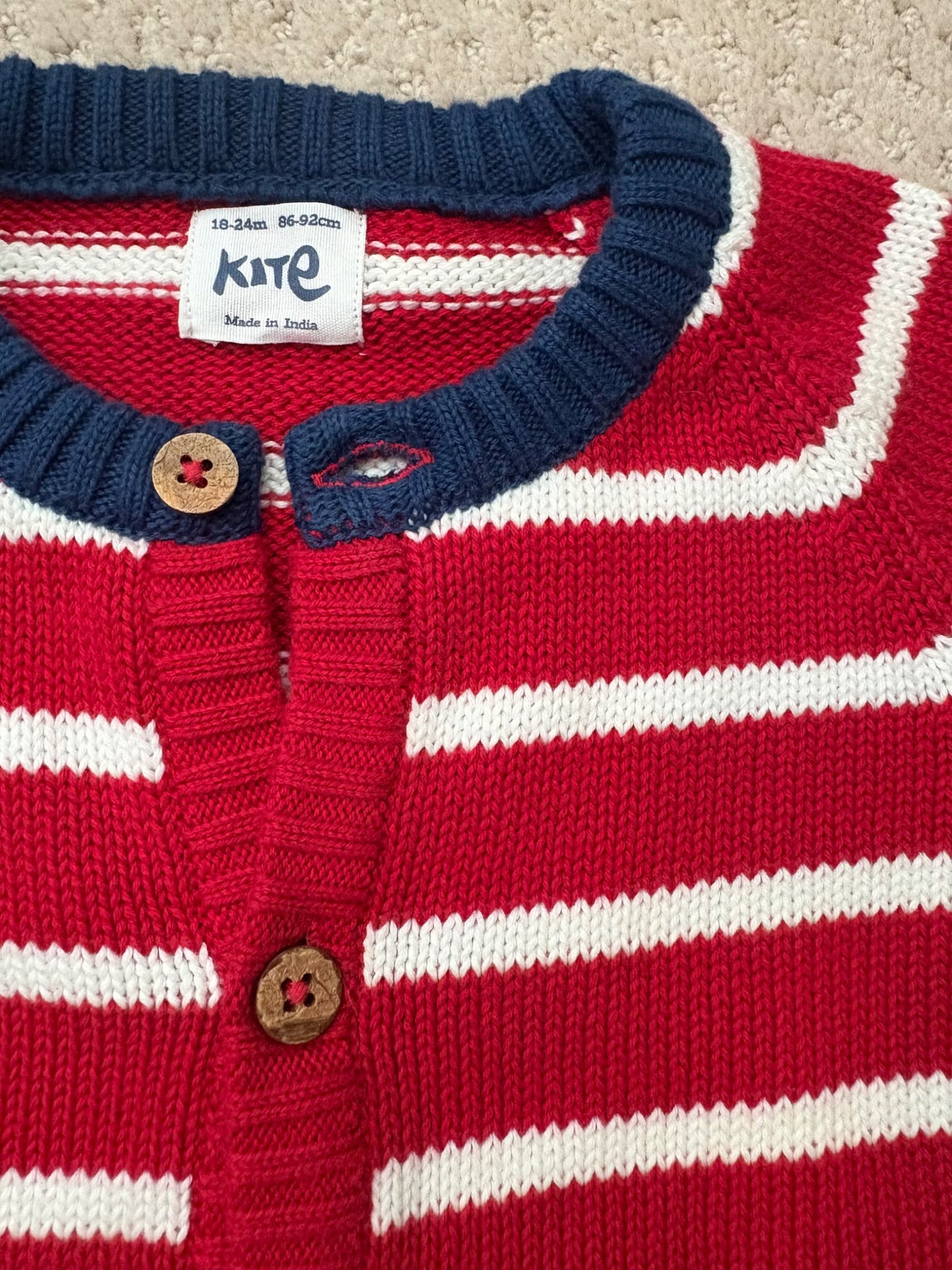 UK Kite 🇬🇧 - red knitted stripe button up sweater, 18-24m, Kids 24 Month (18-24M)