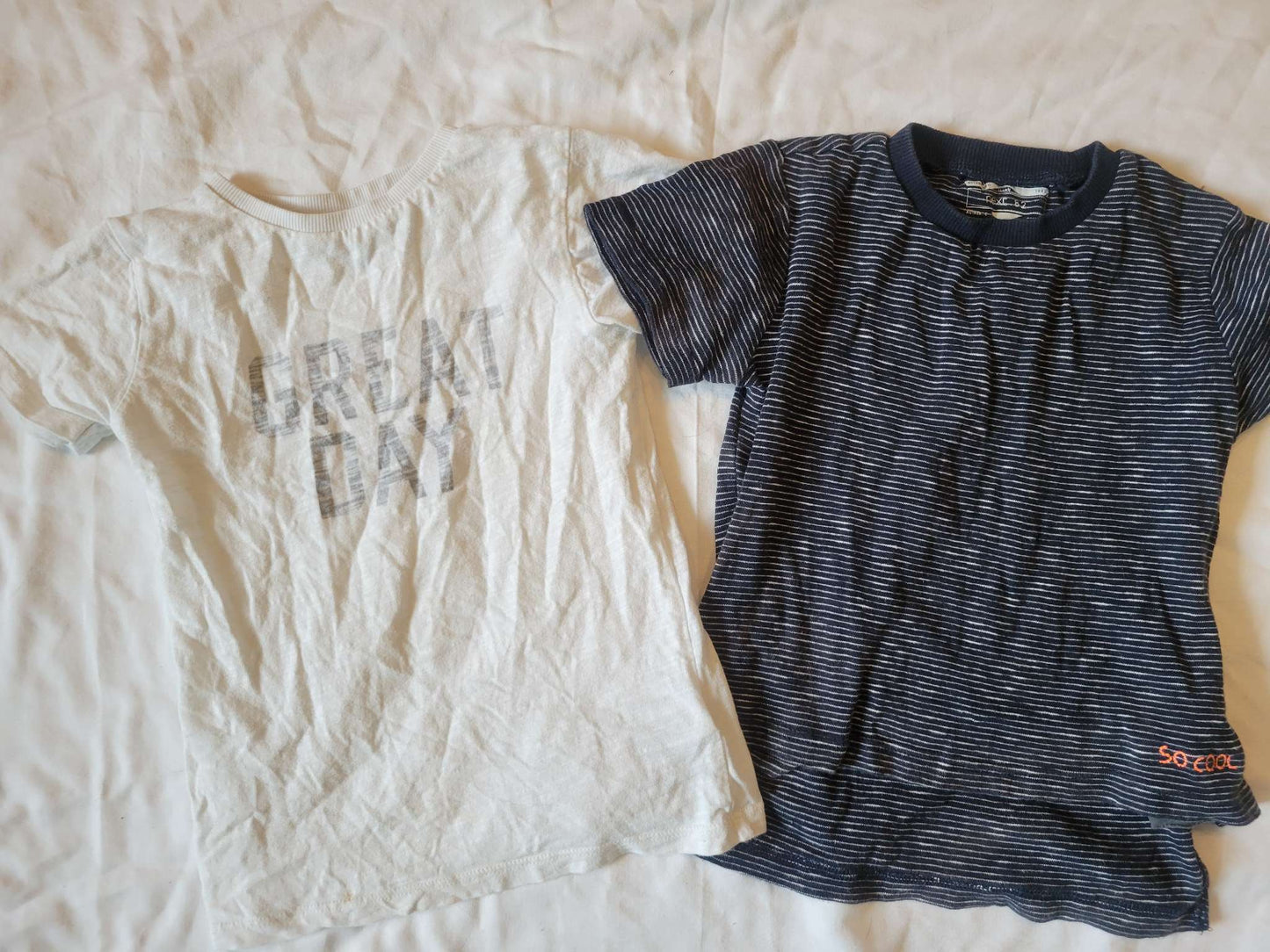 2 Tshirts - White "Great Day" and Blue/White Thin Stripes (size 2/3) , Kids 2T