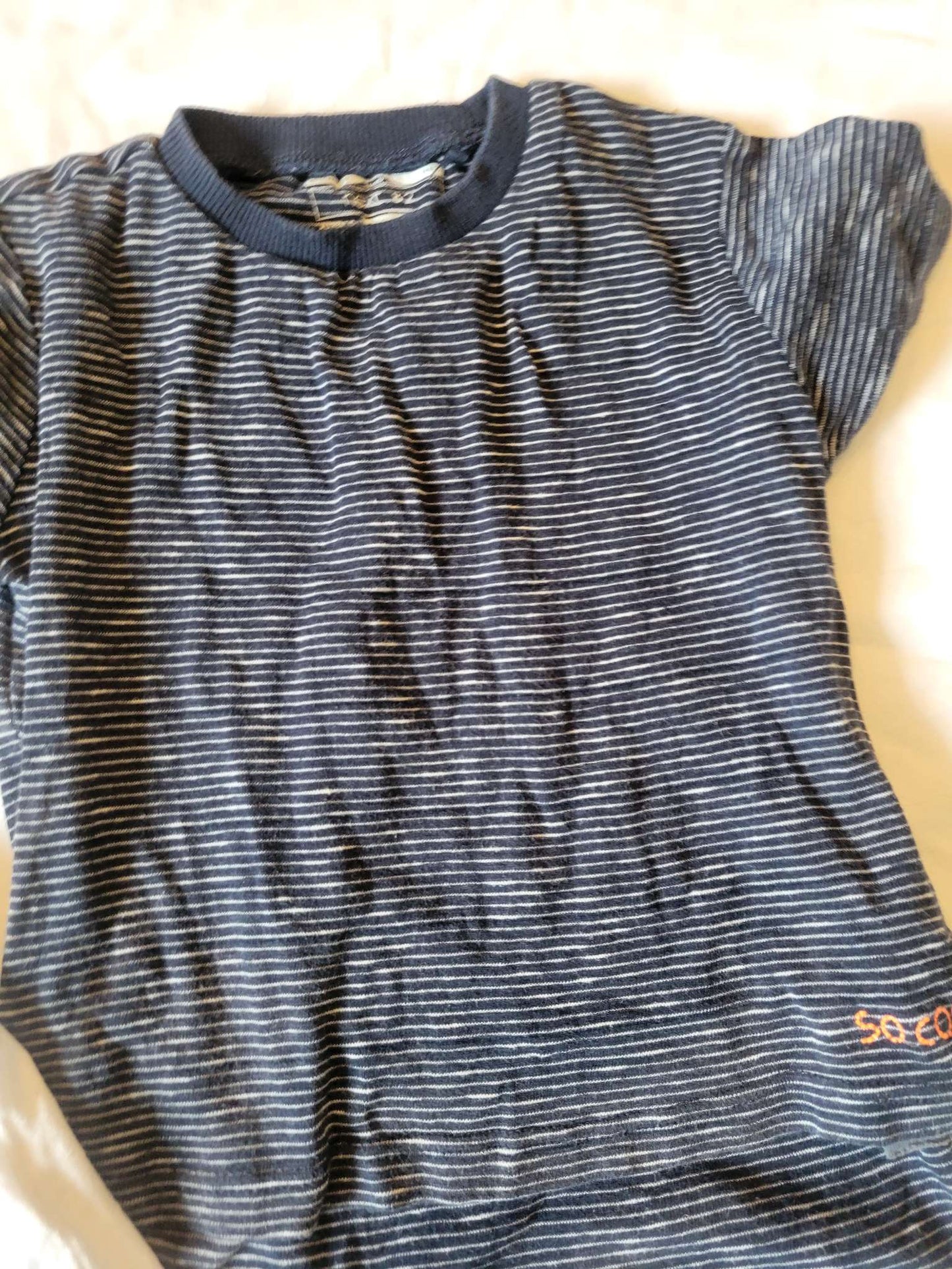 2 Tshirts - White "Great Day" and Blue/White Thin Stripes (size 2/3) , Kids 2T