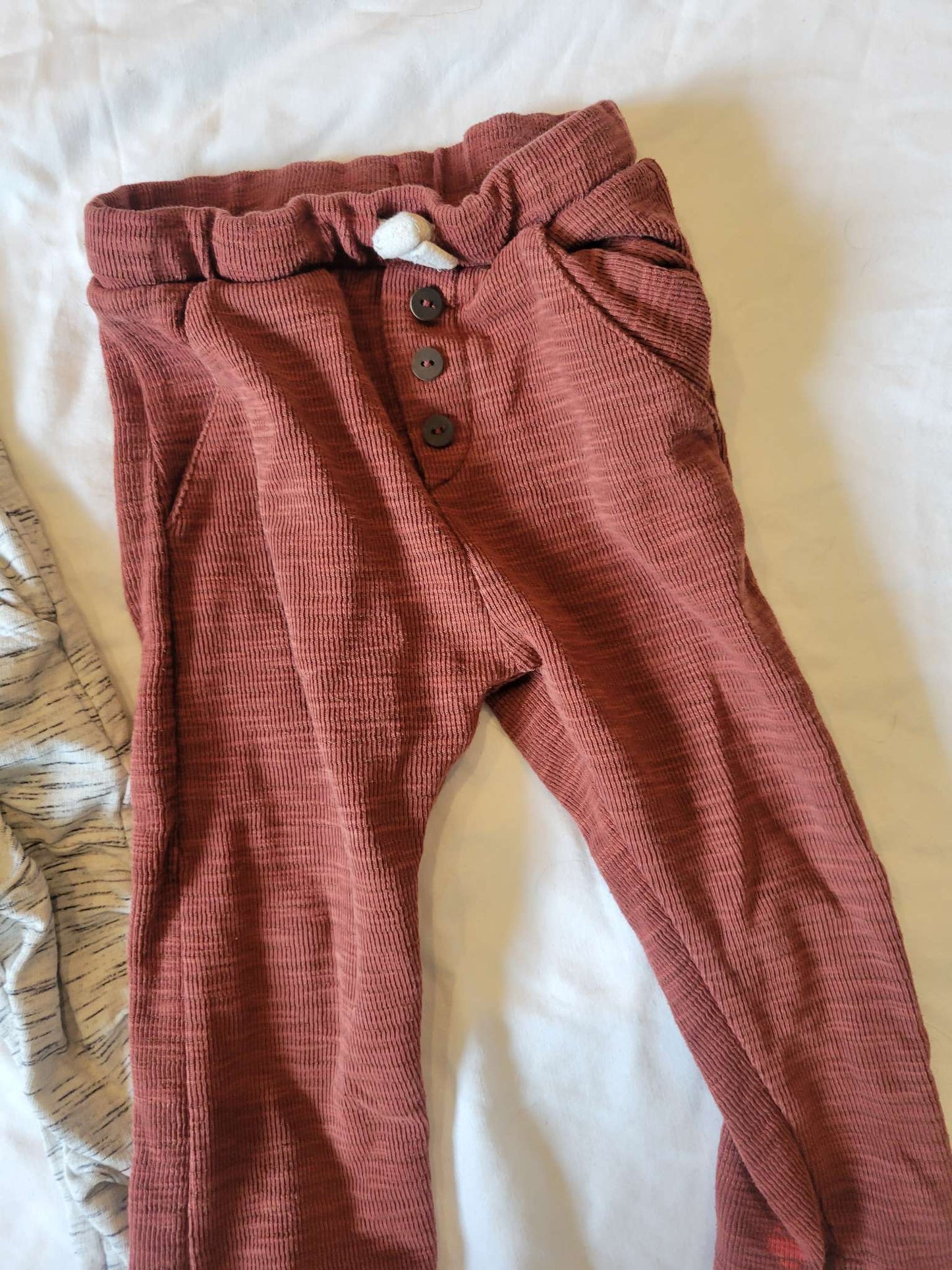 2 Pants - Brownish-Red Zara 2/3 and White/Gray/Black Striped (2/3) - Excellent Used, Kids 2T