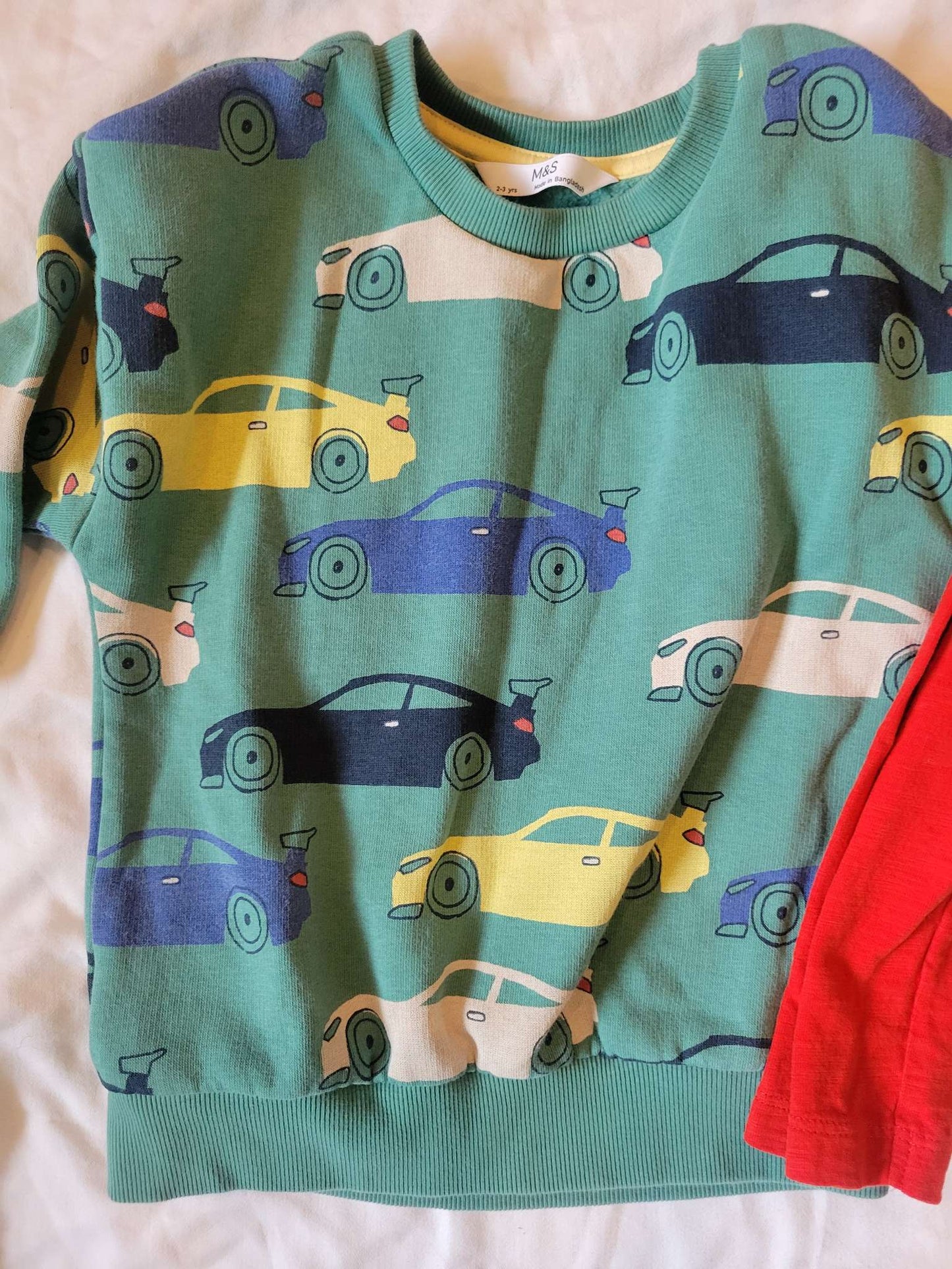 3 Long Sleeves - Green w/Cars, Red Sleeves #2 and Gray with Stripes (2/3), Kids 2T