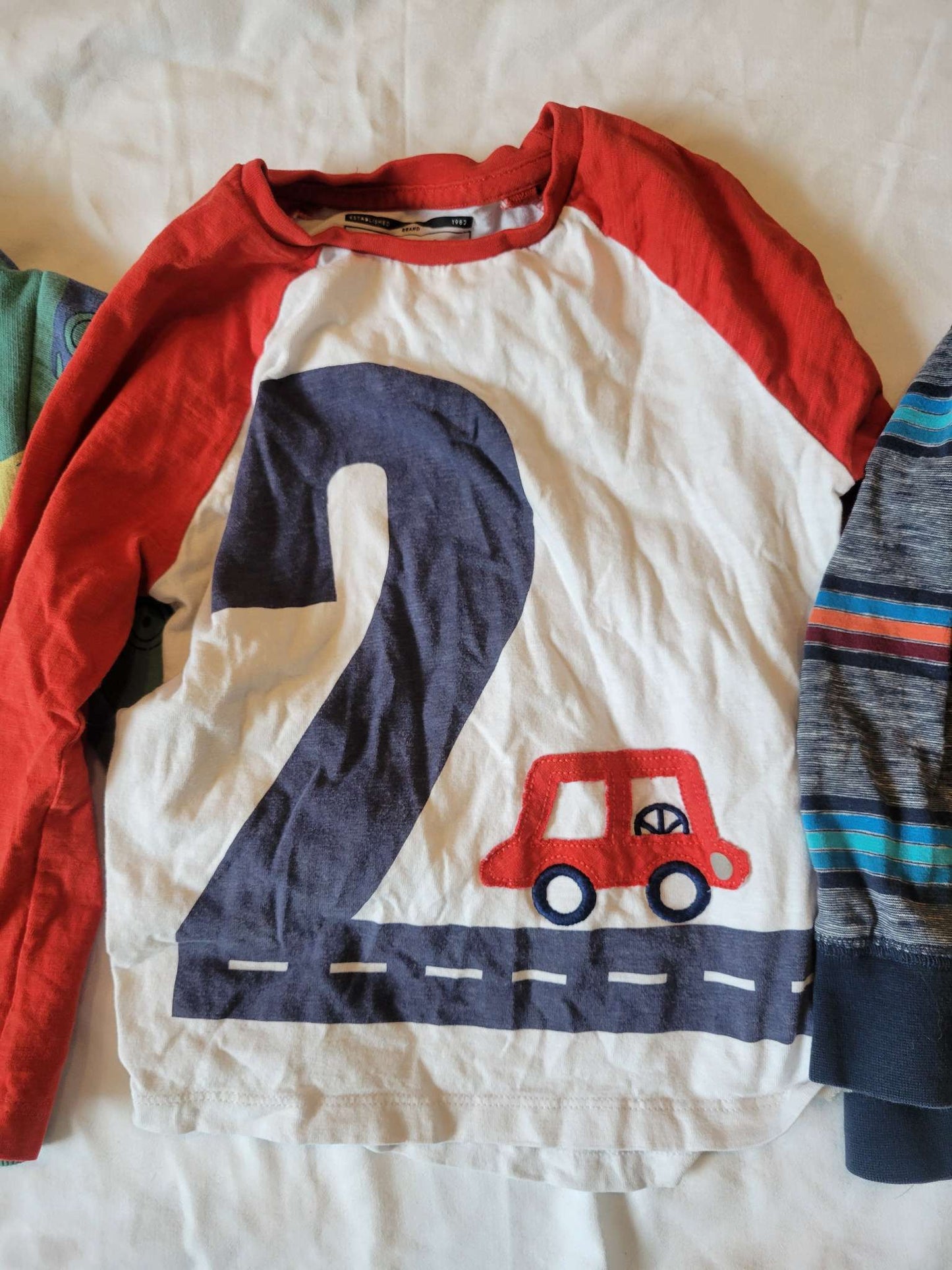 3 Long Sleeves - Green w/Cars, Red Sleeves #2 and Gray with Stripes (2/3), Kids 2T