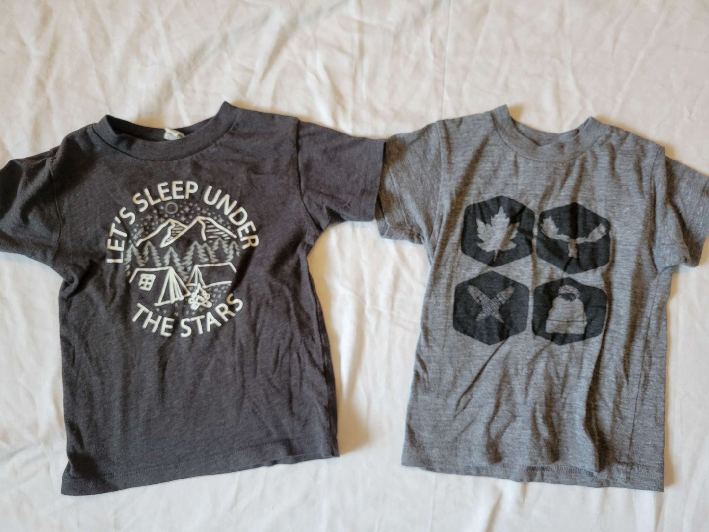 2 Gray Tshirts (Small Shop) - "Let's Sleep Under the Stars" and Canadian Moose/Leaf/Toque - Size 2T , Kids 2T