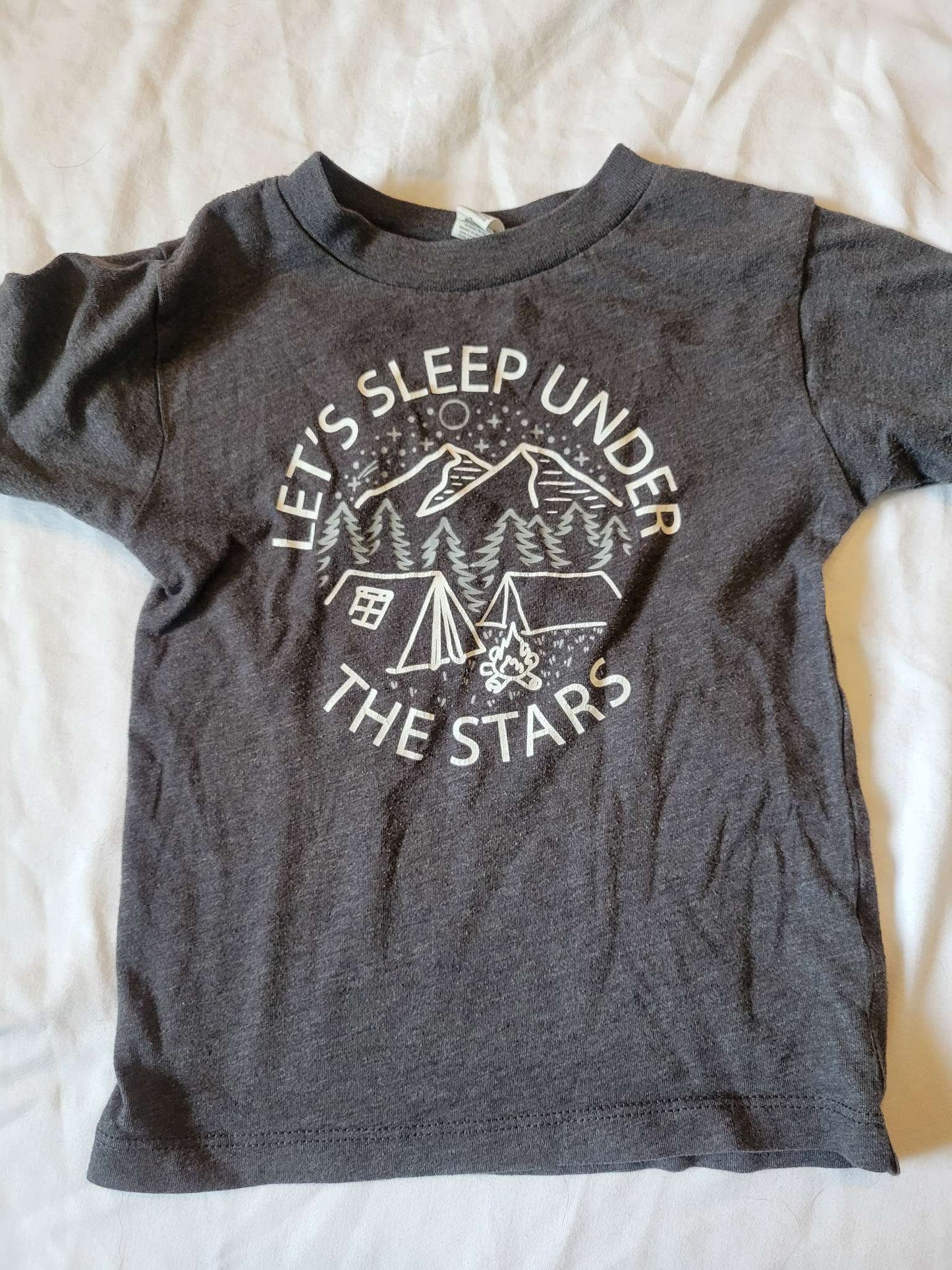 2 Gray Tshirts (Small Shop) - "Let's Sleep Under the Stars" and Canadian Moose/Leaf/Toque - Size 2T , Kids 2T