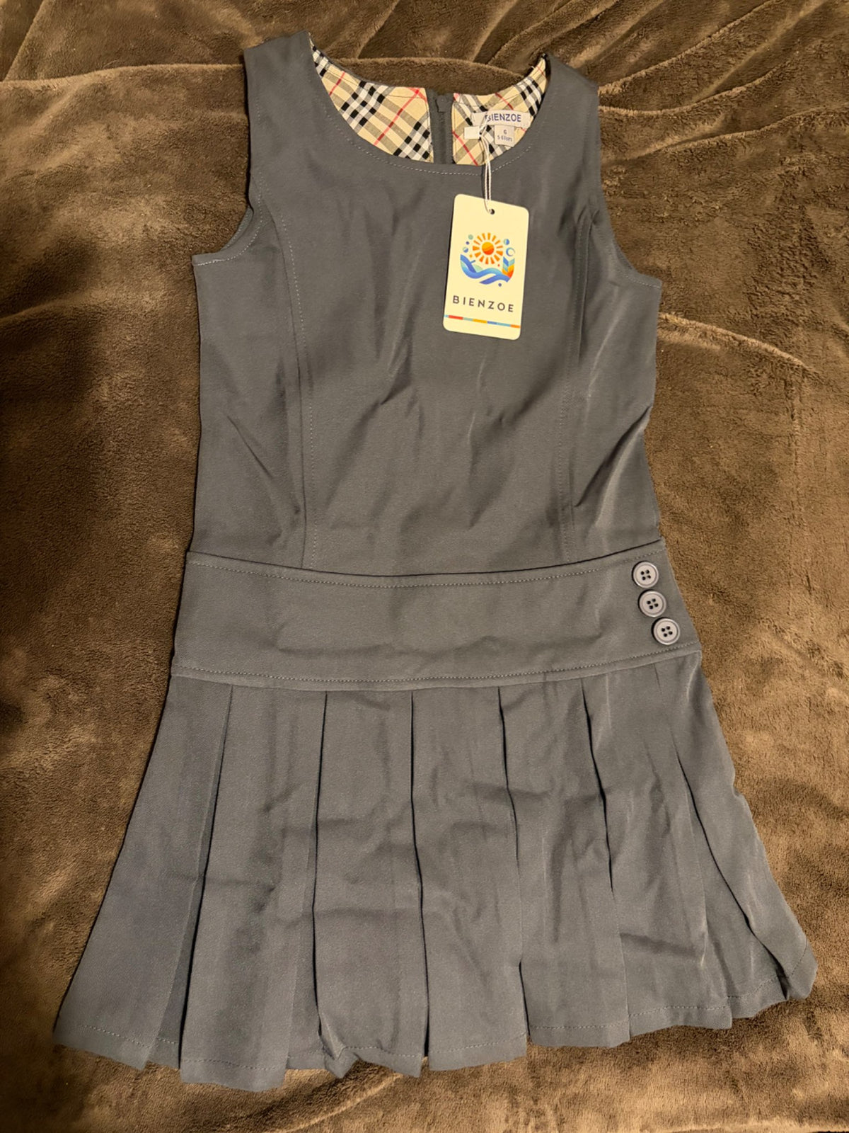 NWT Bienzoe Size 6 Dark Grey Pleated Dress, Kids 6/6X