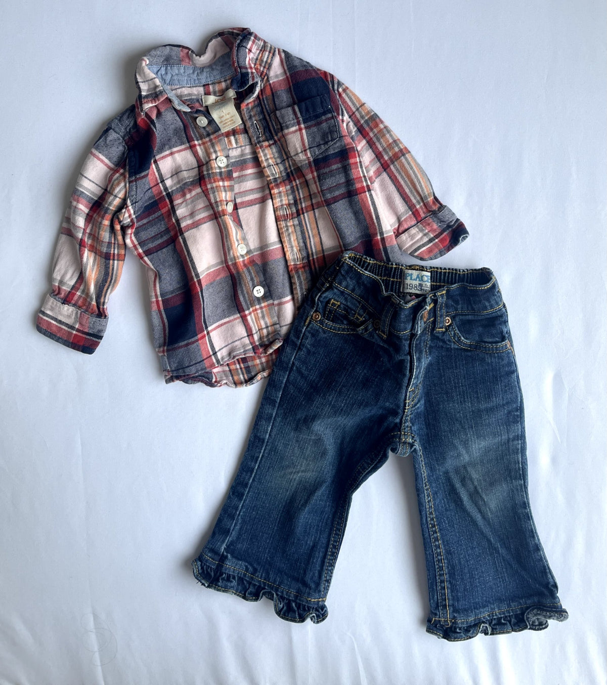 Girls Outfit 12M – Joe Fresh Plaid Shirt & Children’s Place Jeans, Kids 12 Month (9-12M)