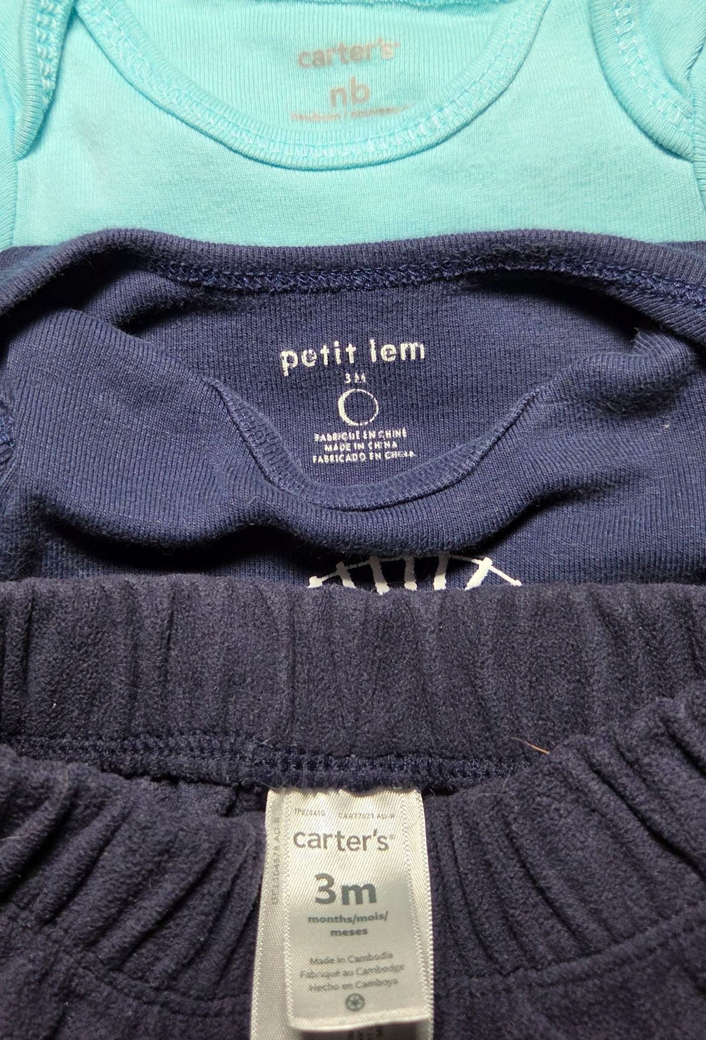 3pc sz 0-3m Carter's & Petit Lem blue bundle, Kids 3 Month (0-3M)