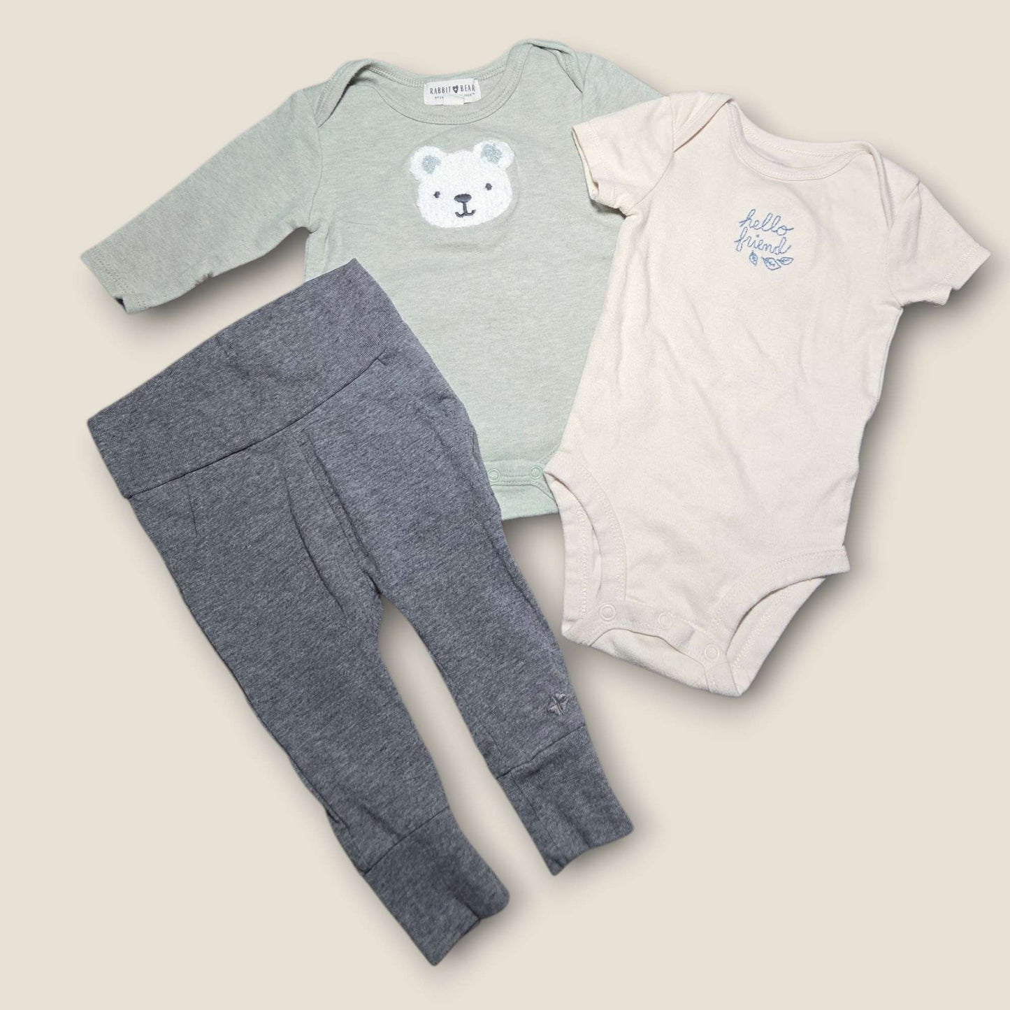 3pc bundle sz 3m Rabbit & Bear, Noppies green & grey , Kids 3 Month (0-3M)