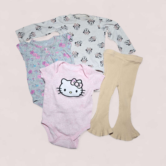 4pc 6-12m bundle Hello Kitty, Mini Mouse & floral onesie with tan flare leggings , Kids 9 Month (6-9M)