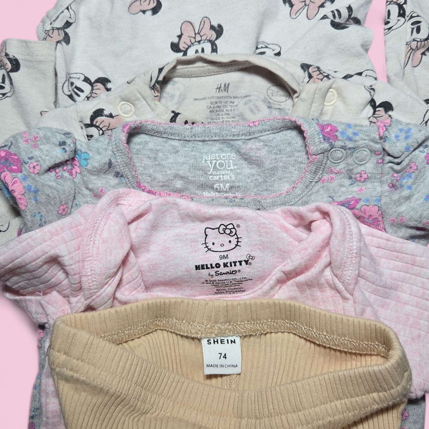4pc 6-12m bundle Hello Kitty, Mini Mouse & floral onesie with tan flare leggings , Kids 9 Month (6-9M)