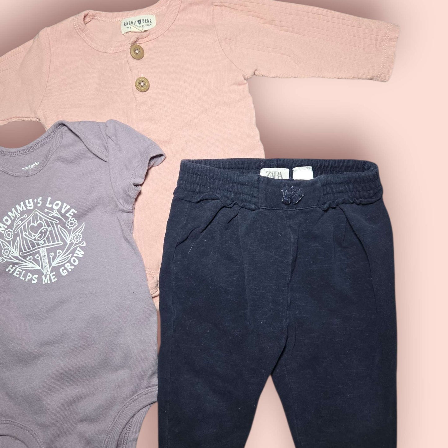 3pc 6-9m bundle pink & purple onesies, Zara blue pants, Kids 9 Month (6-9M)
