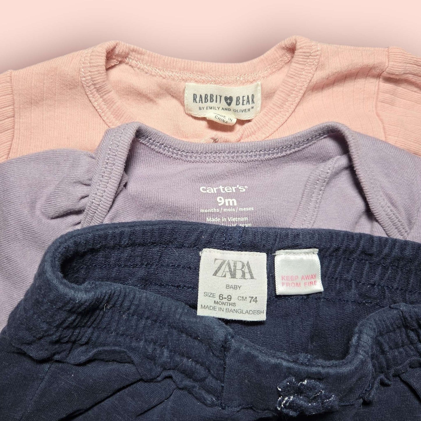 3pc 6-9m bundle pink & purple onesies, Zara blue pants, Kids 9 Month (6-9M)