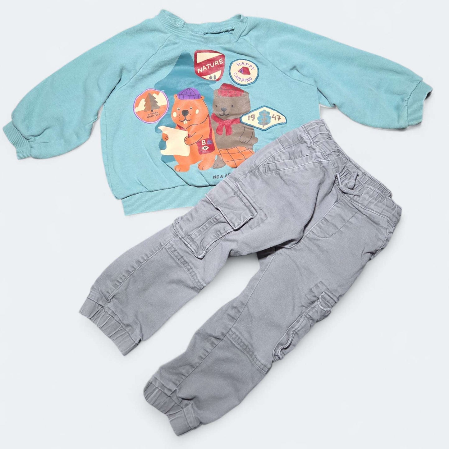 2pc set H&M green top & ON grey pants, Kids 2T