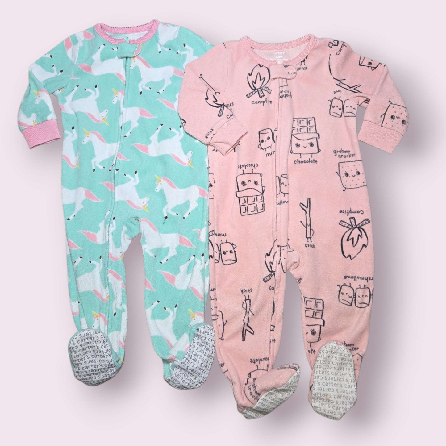 2 fleece sleepers Carter's sz green unicorn & pink s'more patterned
