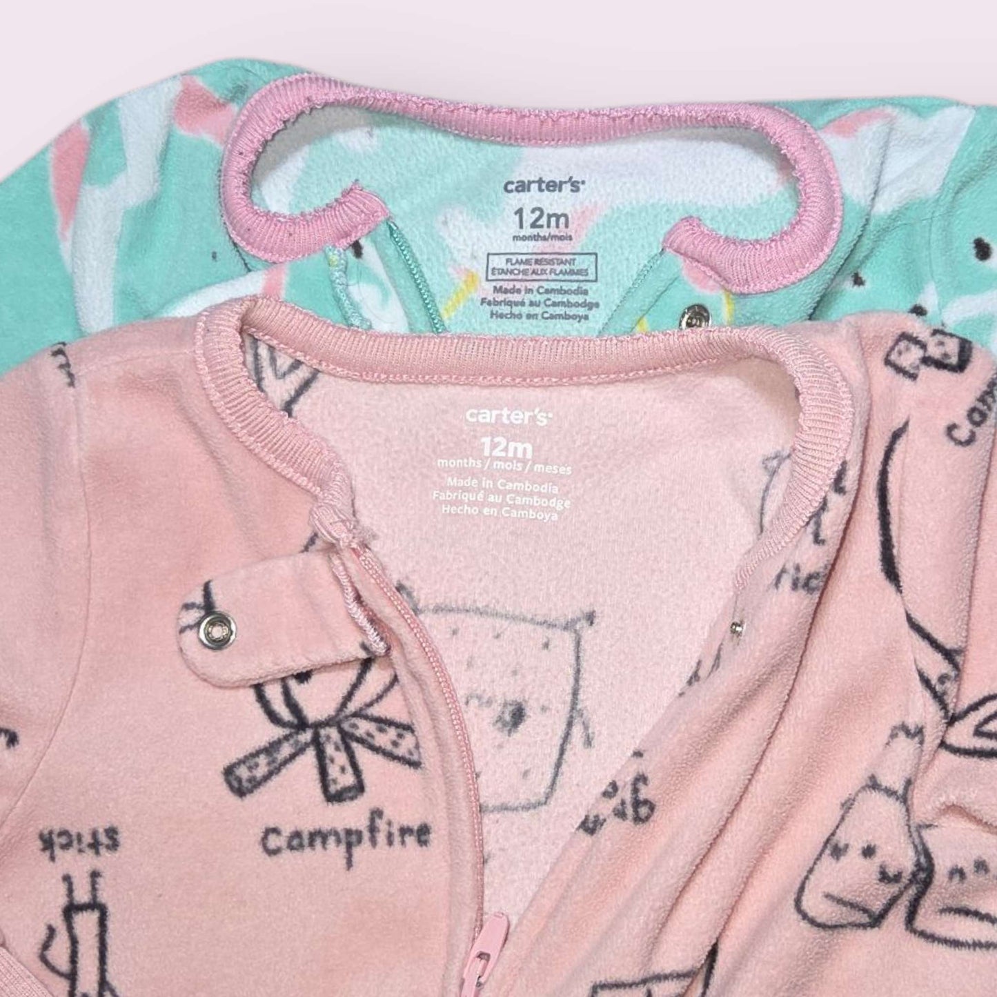 2 fleece sleepers Carter's sz green unicorn & pink s'more patterned