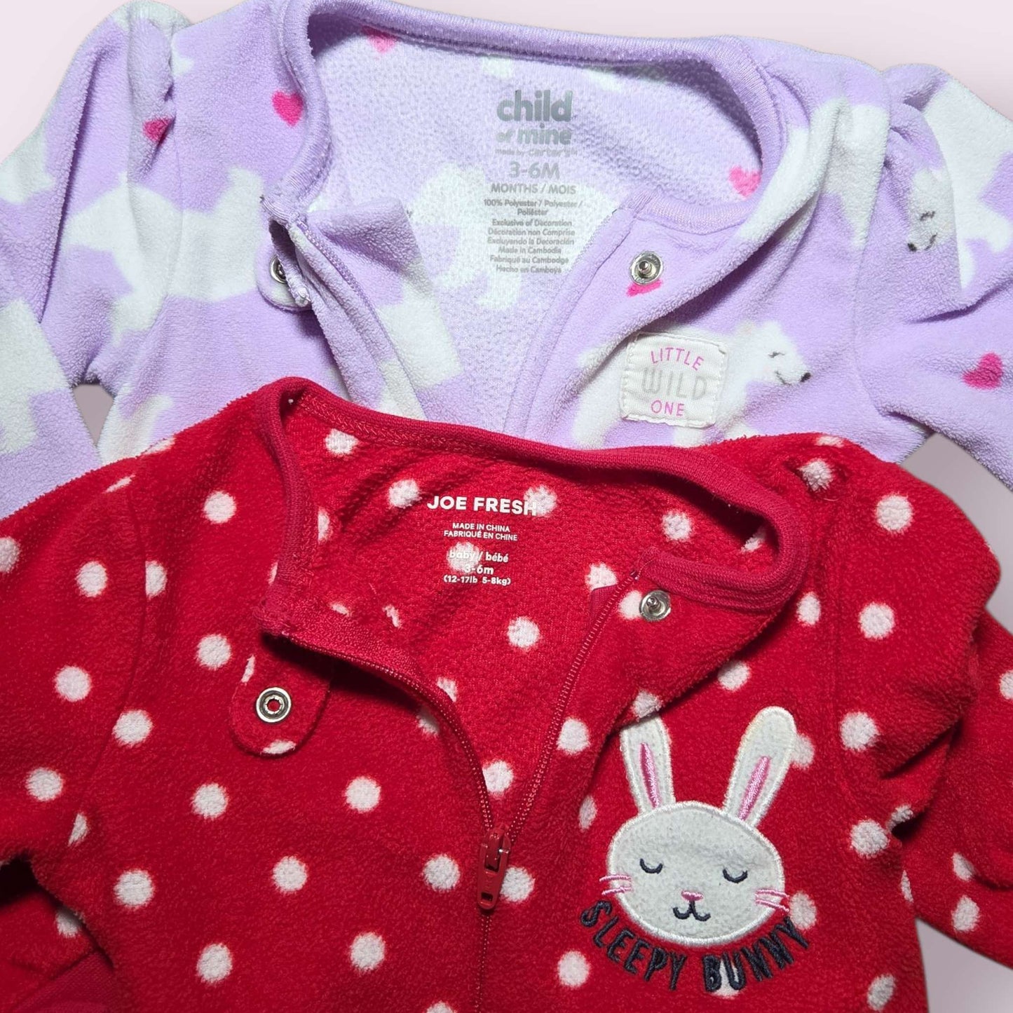 2 fleece sleepers 3-6m Joe & Carters red polka dot & purple polar bear, Kids 6 Month (3-6M)
