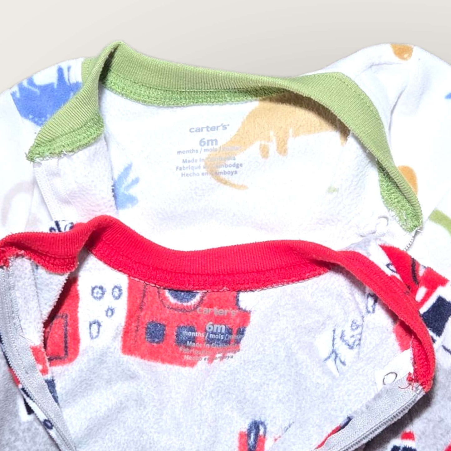 2 Carter's sz 6m fleece sleepers, firetruck & dino patterned , Kids 9 Month (6-9M)