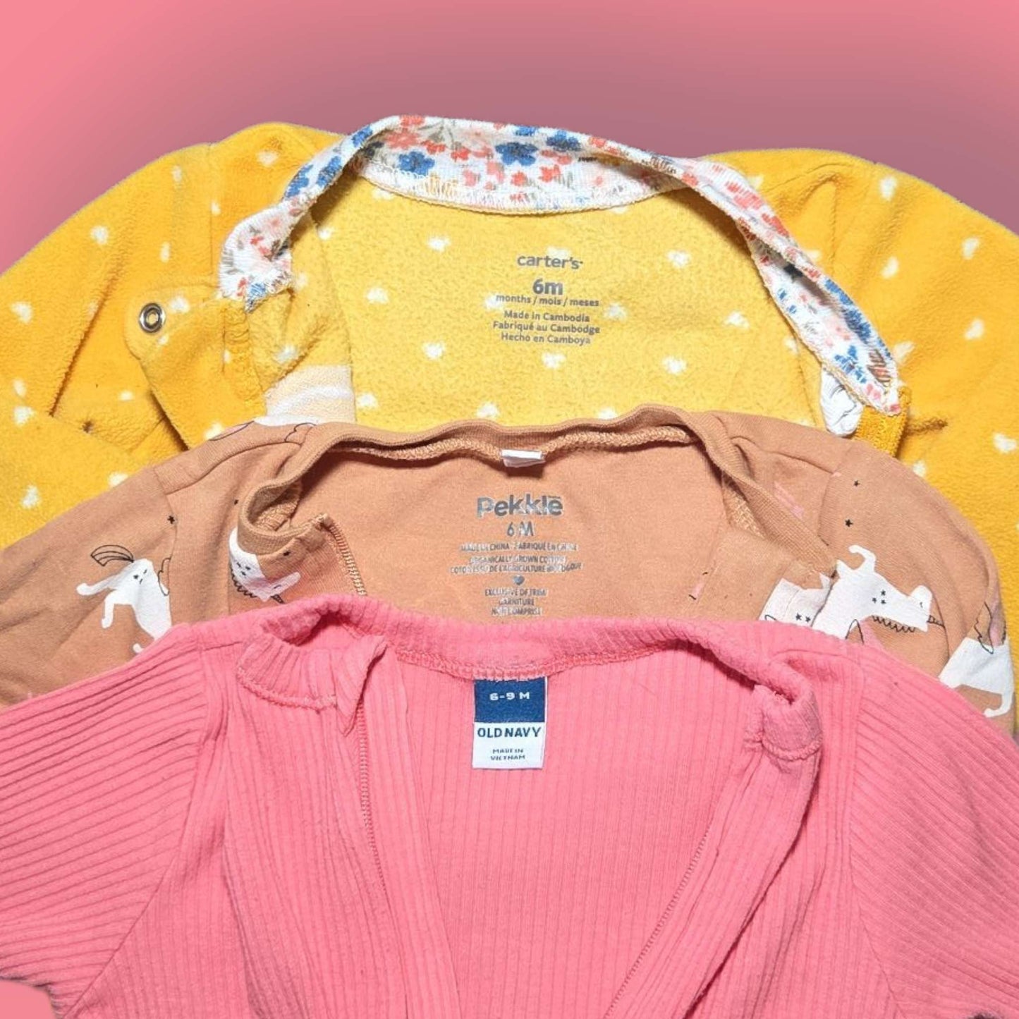 3pc sleepers sz 6m Carter's, Pekkle & Old Navy yellow, pink & brown, Kids 6 Month (3-6M)