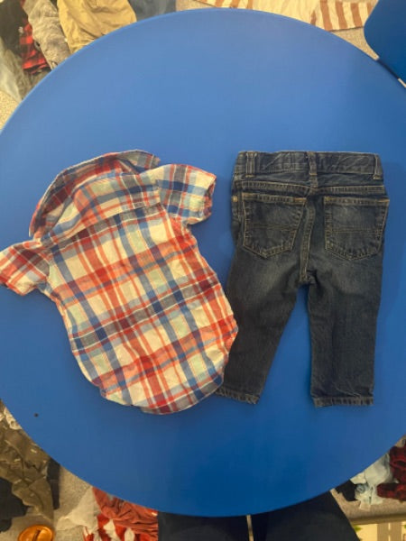 Baby boy plaid shirt and jeans outfit size 12 month, Kids 12 Month (9-12M)
