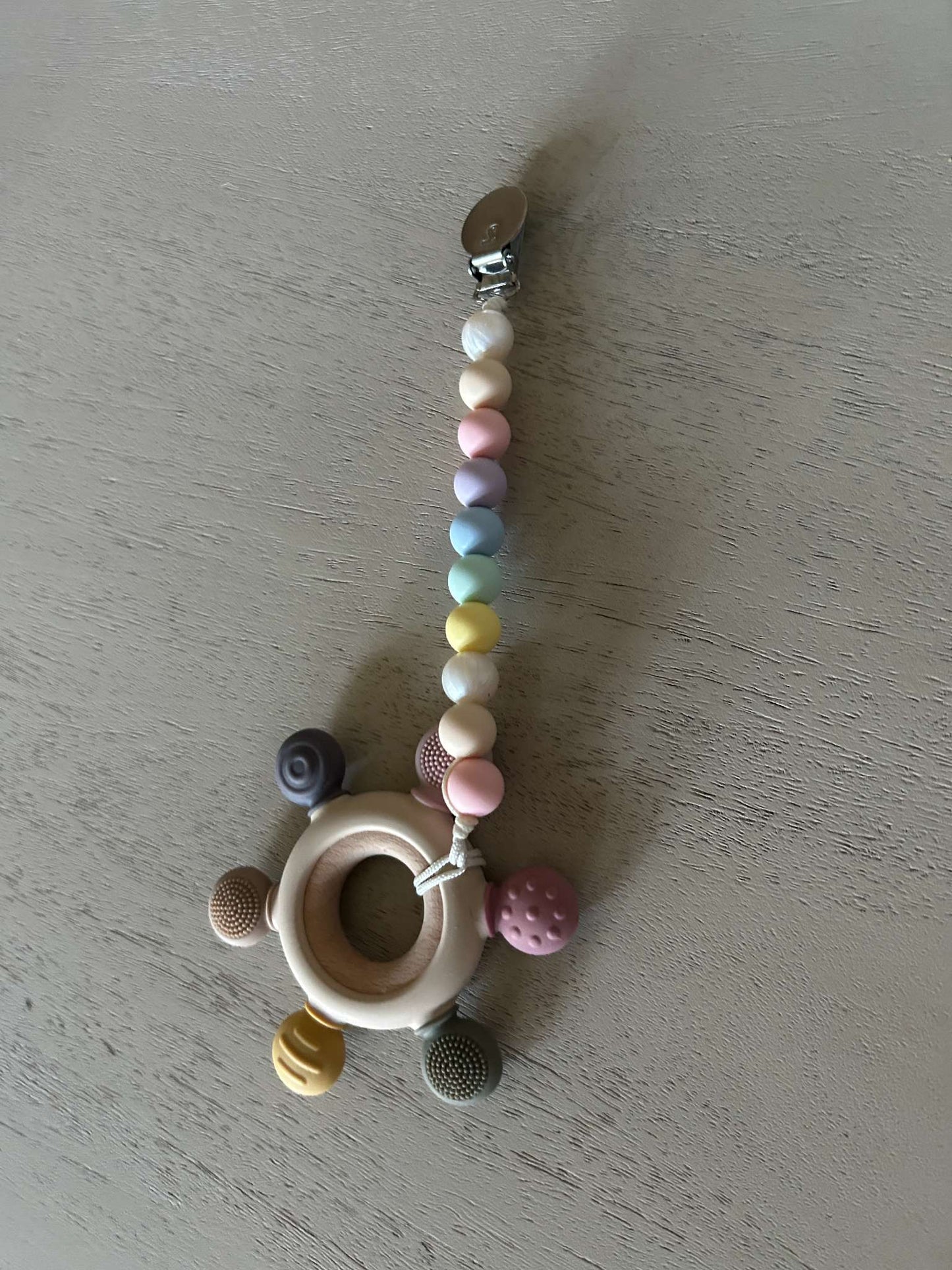 Pacifier clip with pastel silicone beads and wooden/silicone teether toy