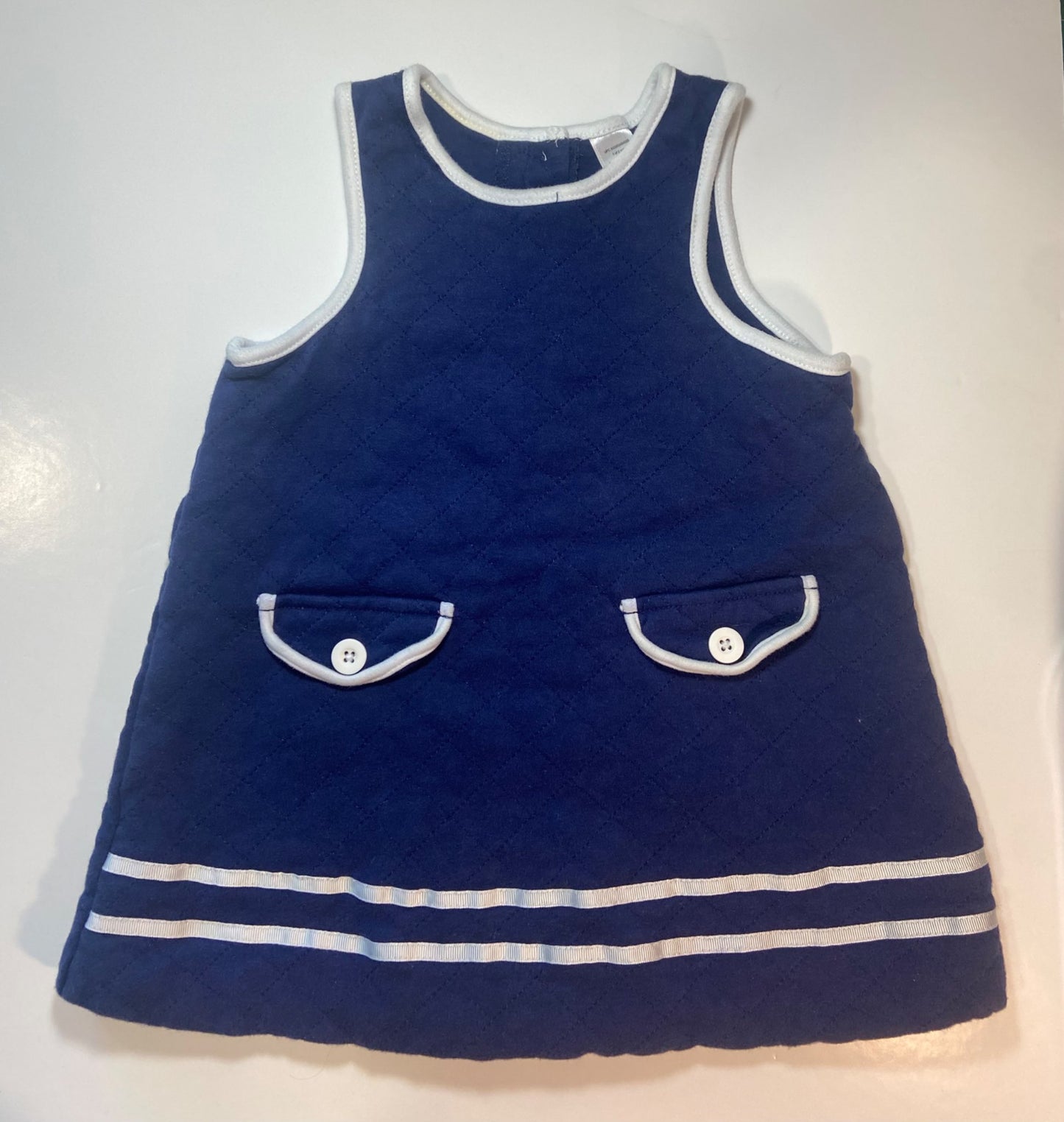 Navy Blue Quilted Sleeveless Dress with White Trim - 12-18 months, Kids 18 Month (12-18M)