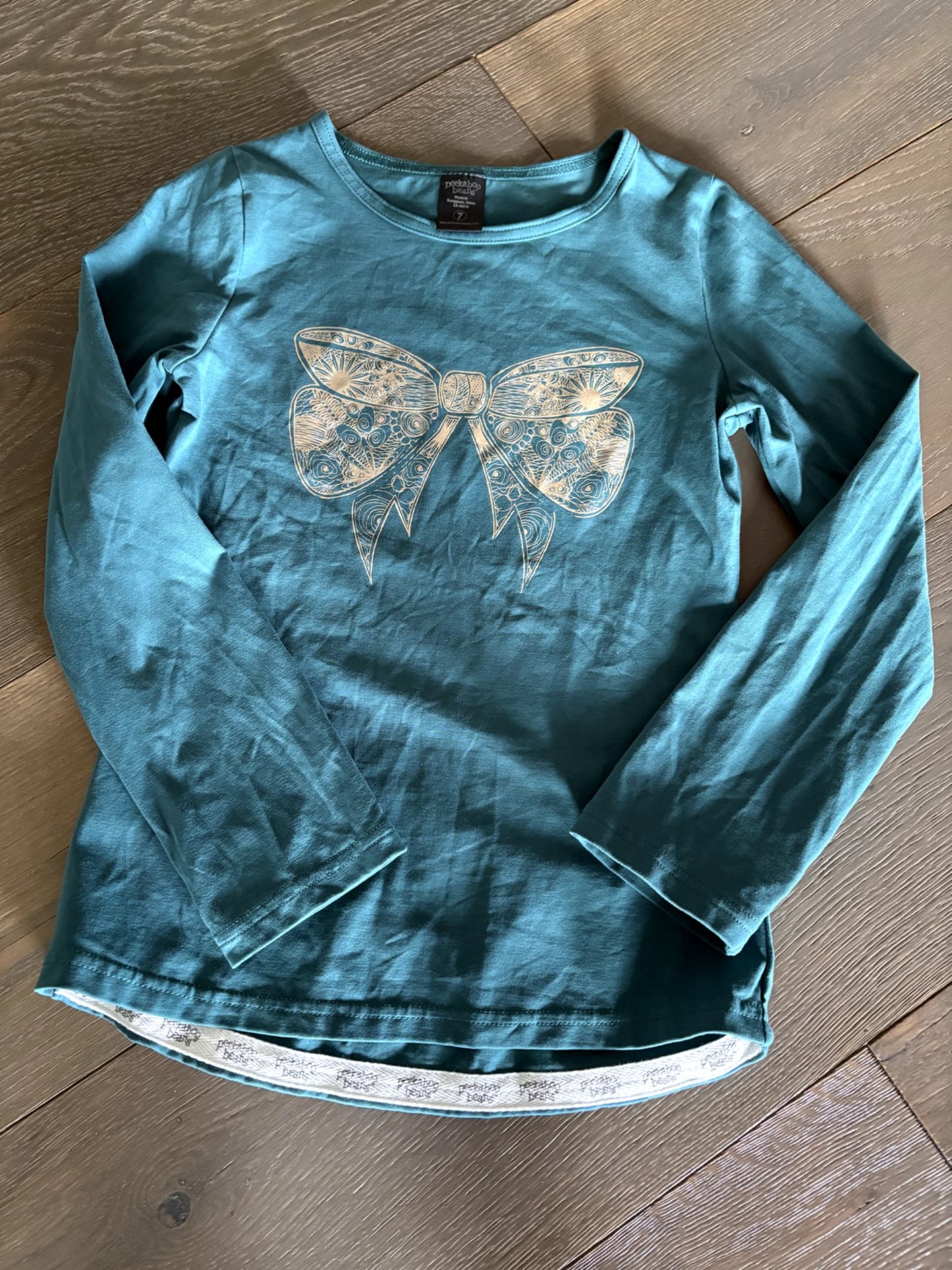 EUC Peekaboo Beans "Bowtastic" Long Sleeve Tee, Teal- Size 7, Kids 7