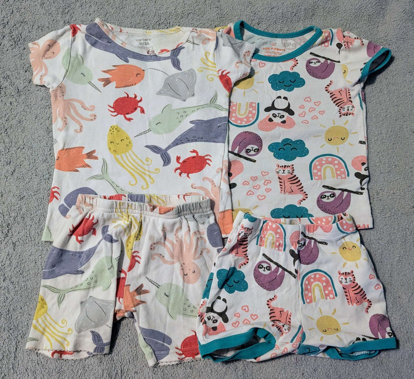 Girls 3T Summer Pajama Set - 4pc Bundle (Sea Life & Animals), Kids 3T