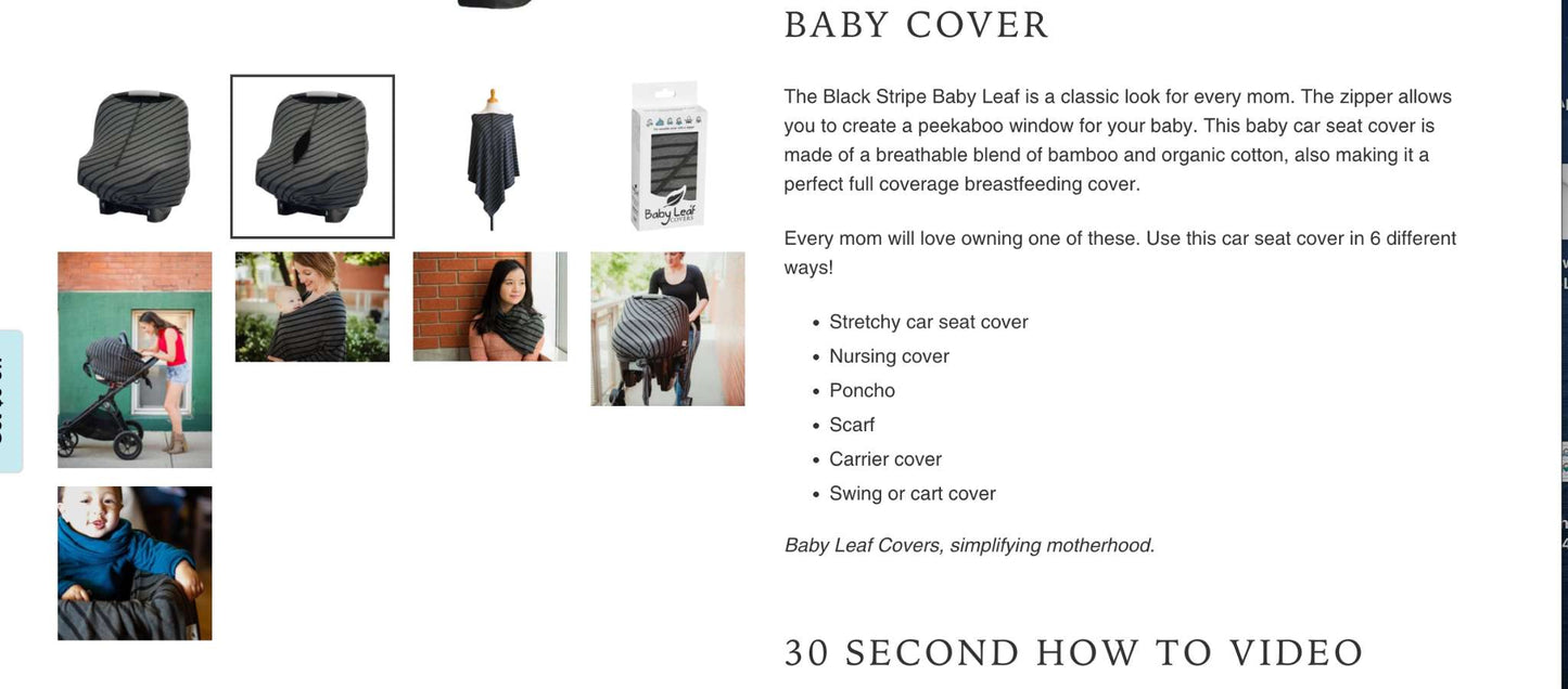 Baby Leaf 6 in 1 Car Seat Cover / Nursing Cover - Black/Grey Strip