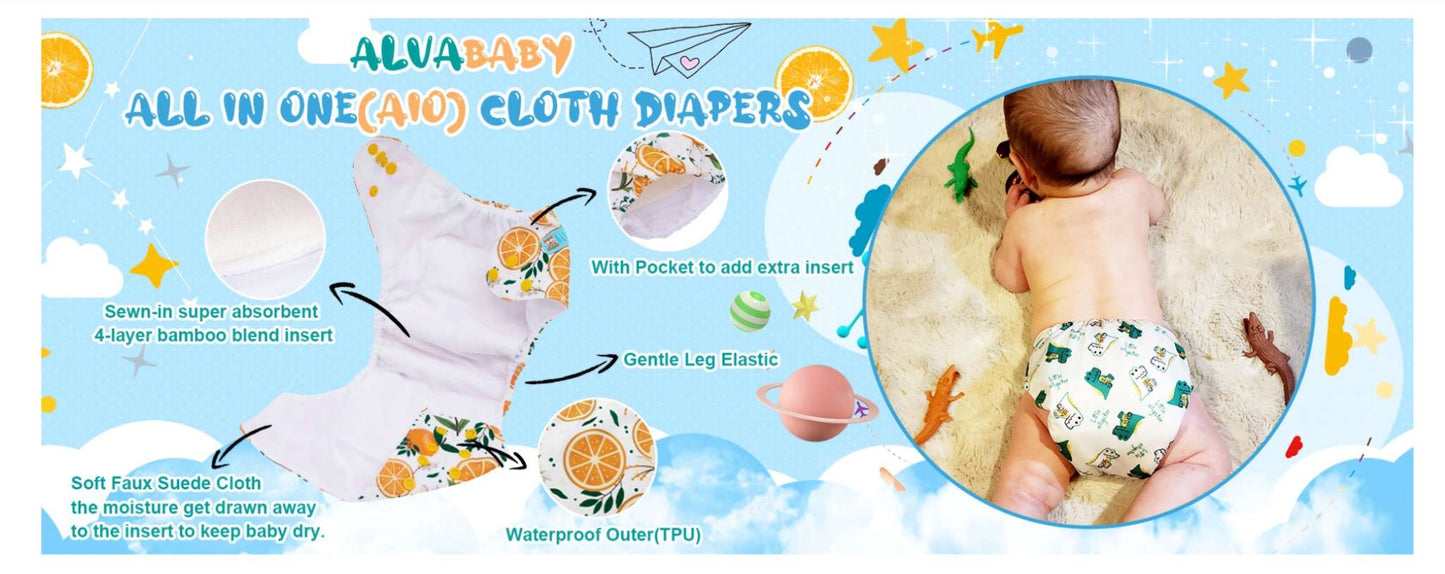 *NEW* sealed set of 6 Alva Baby All-In-One Cloth Diapers