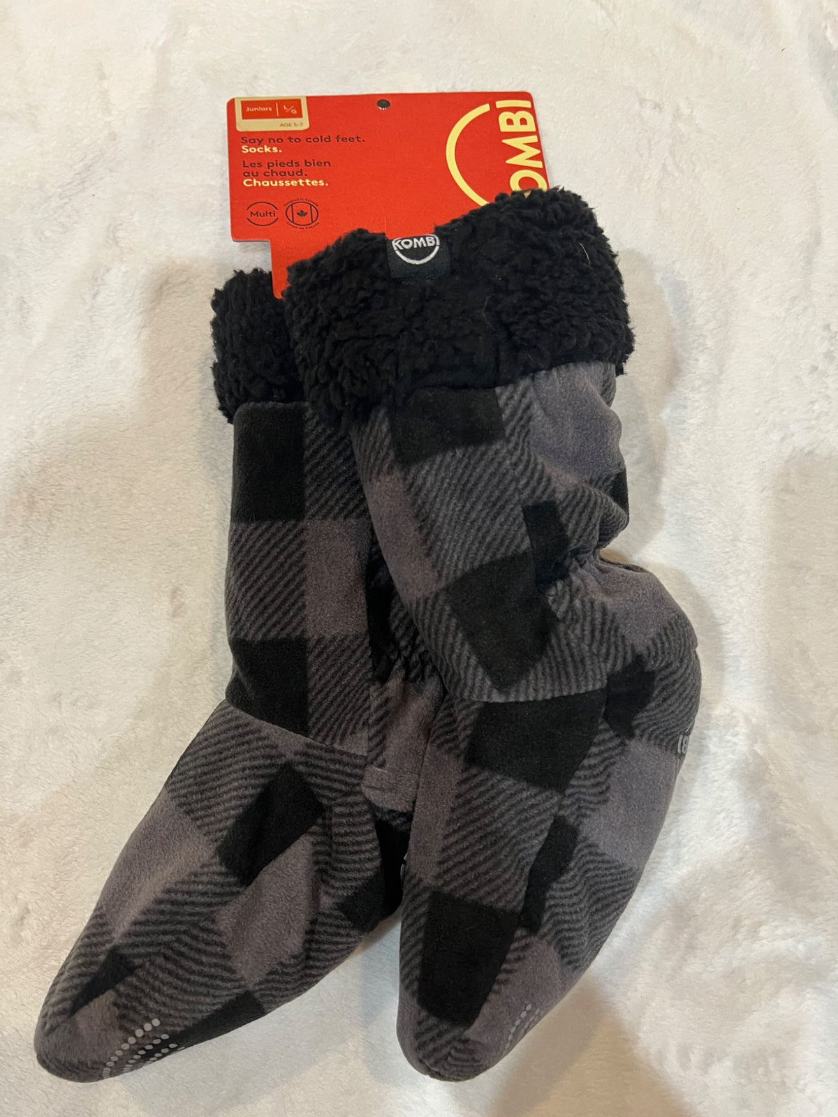 NEW kombi cozy insulated socks- large (age 5-7) - black plaid