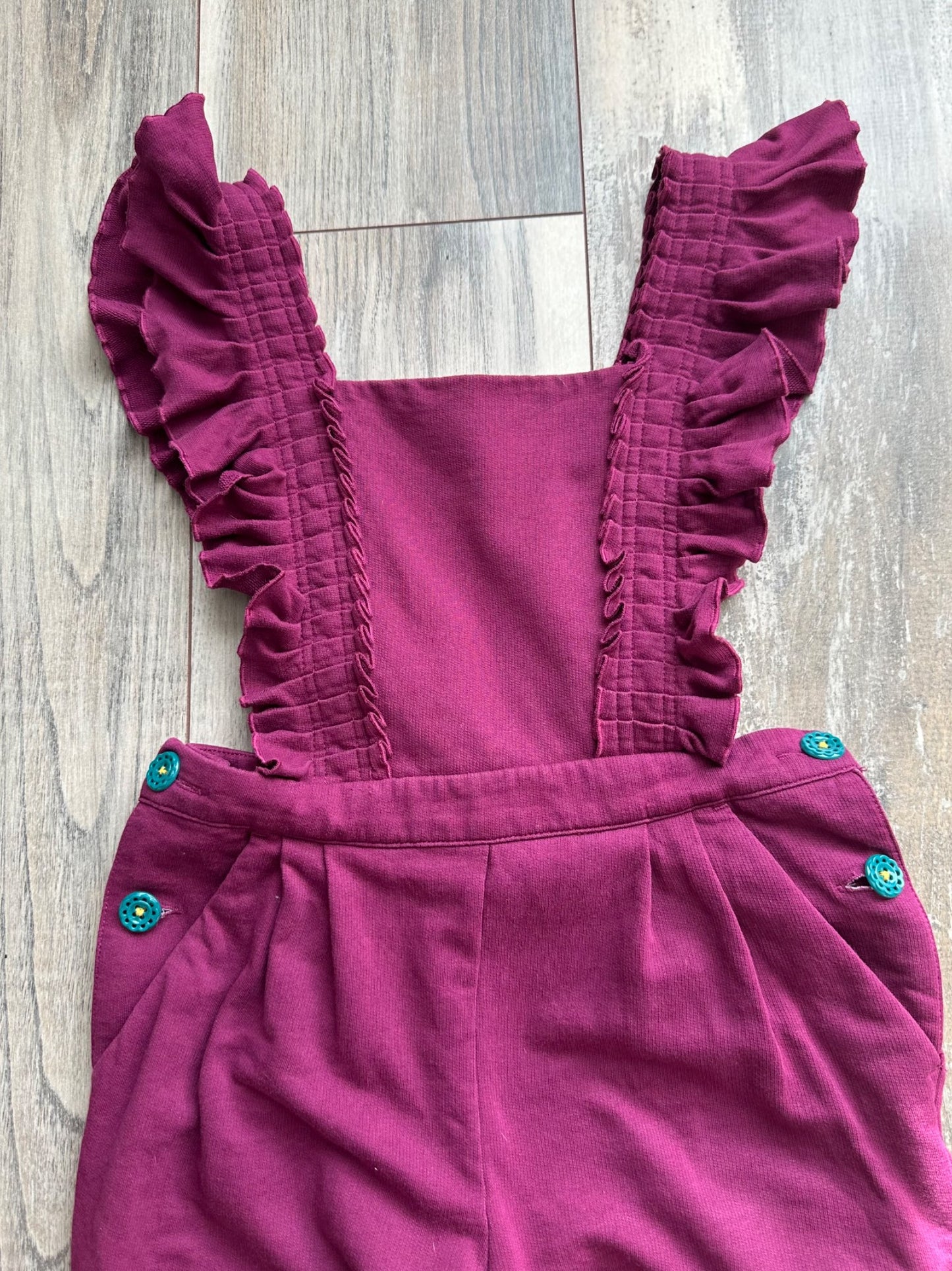 Dark mauve overalls with ruffle straps , Kids 6/6X (extra small)