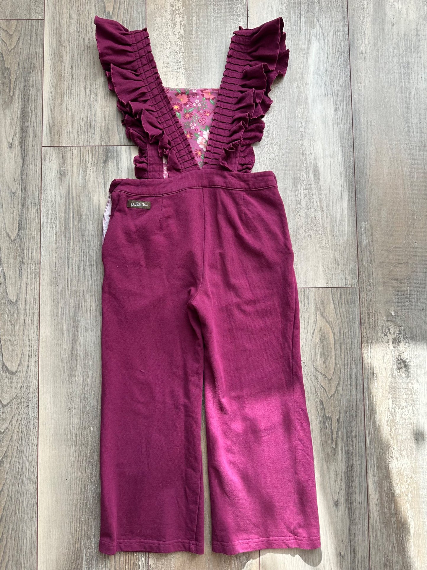 Dark mauve overalls with ruffle straps , Kids 6/6X (extra small)