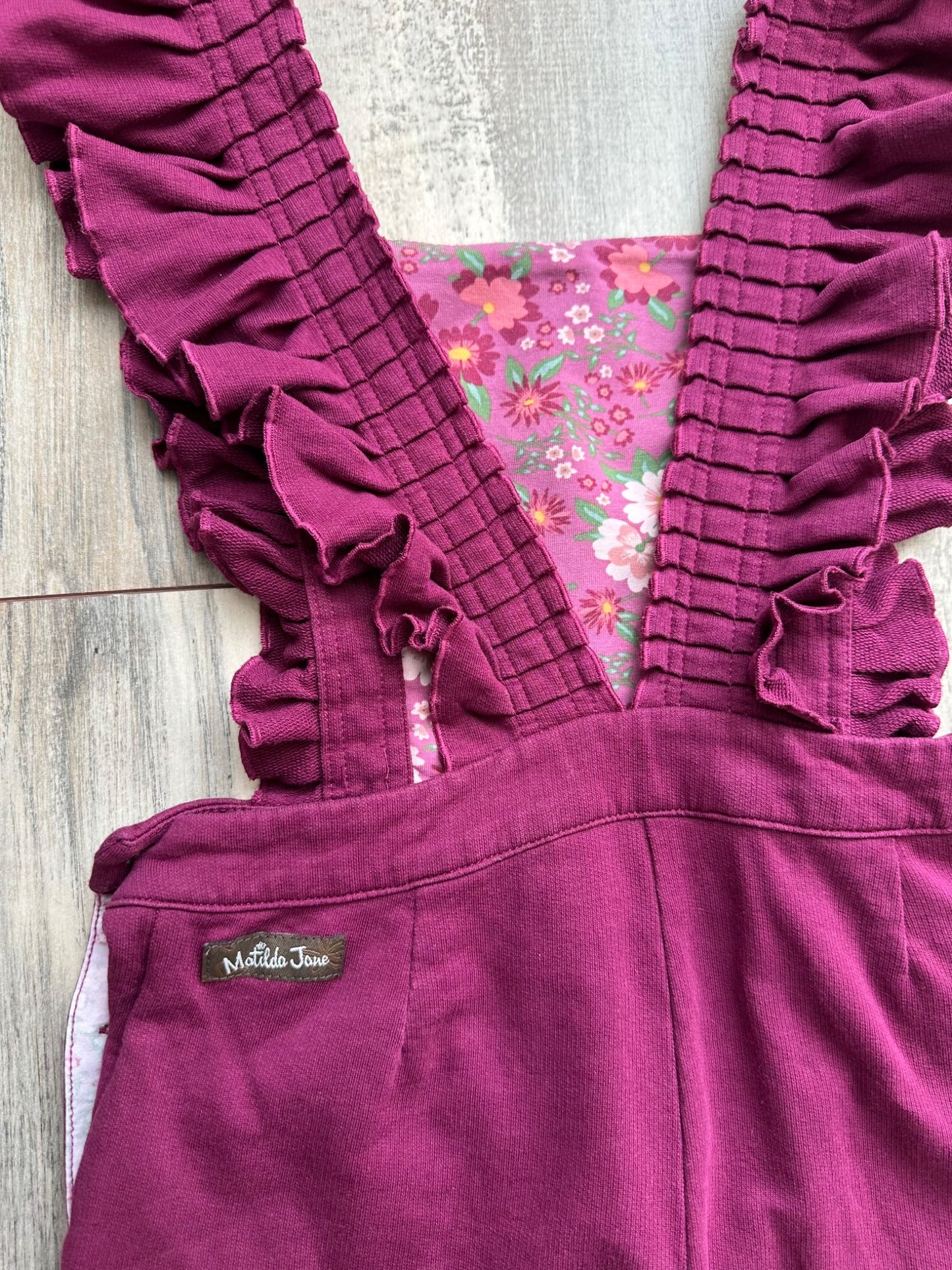 Dark mauve overalls with ruffle straps , Kids 6/6X (extra small)