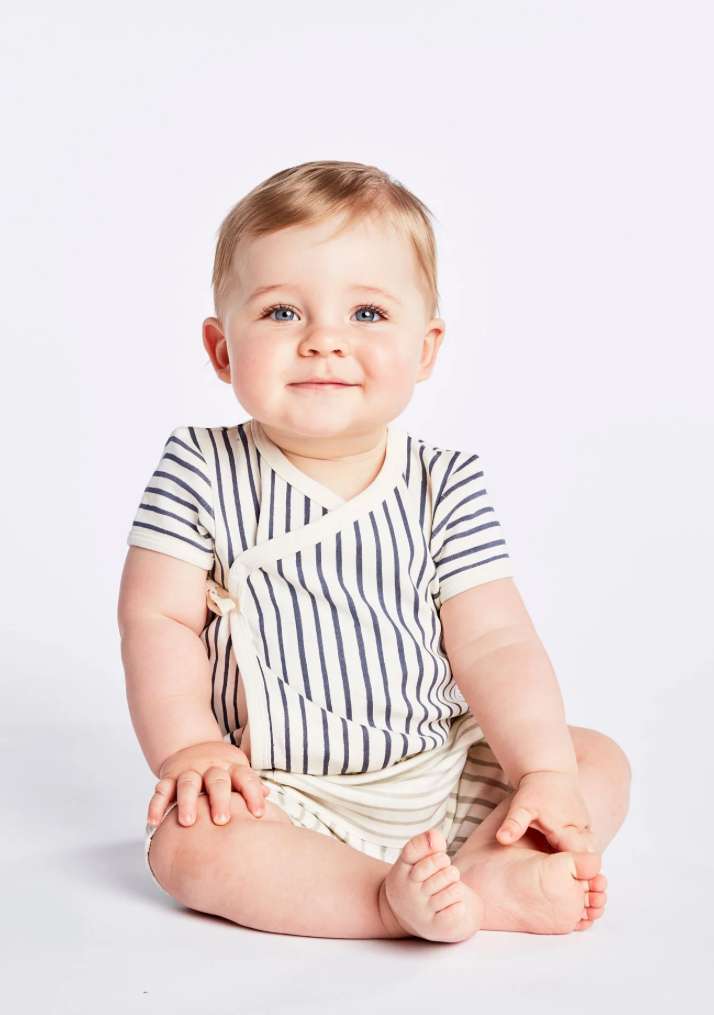 Pehr 'Stripes Away" in Ink Blue Short Sleeve Kimono One Piece 6-12M (MSRP $46), Kids 9 Month (6-9M)
