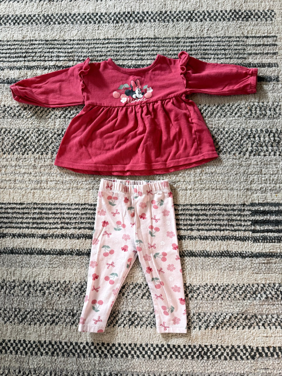 Disney Baby Minnie Mouse Cherry Print Top & Leggings 2-Piece Outfit Set - Size 6-12M, Kids 12 Month (9-12M)