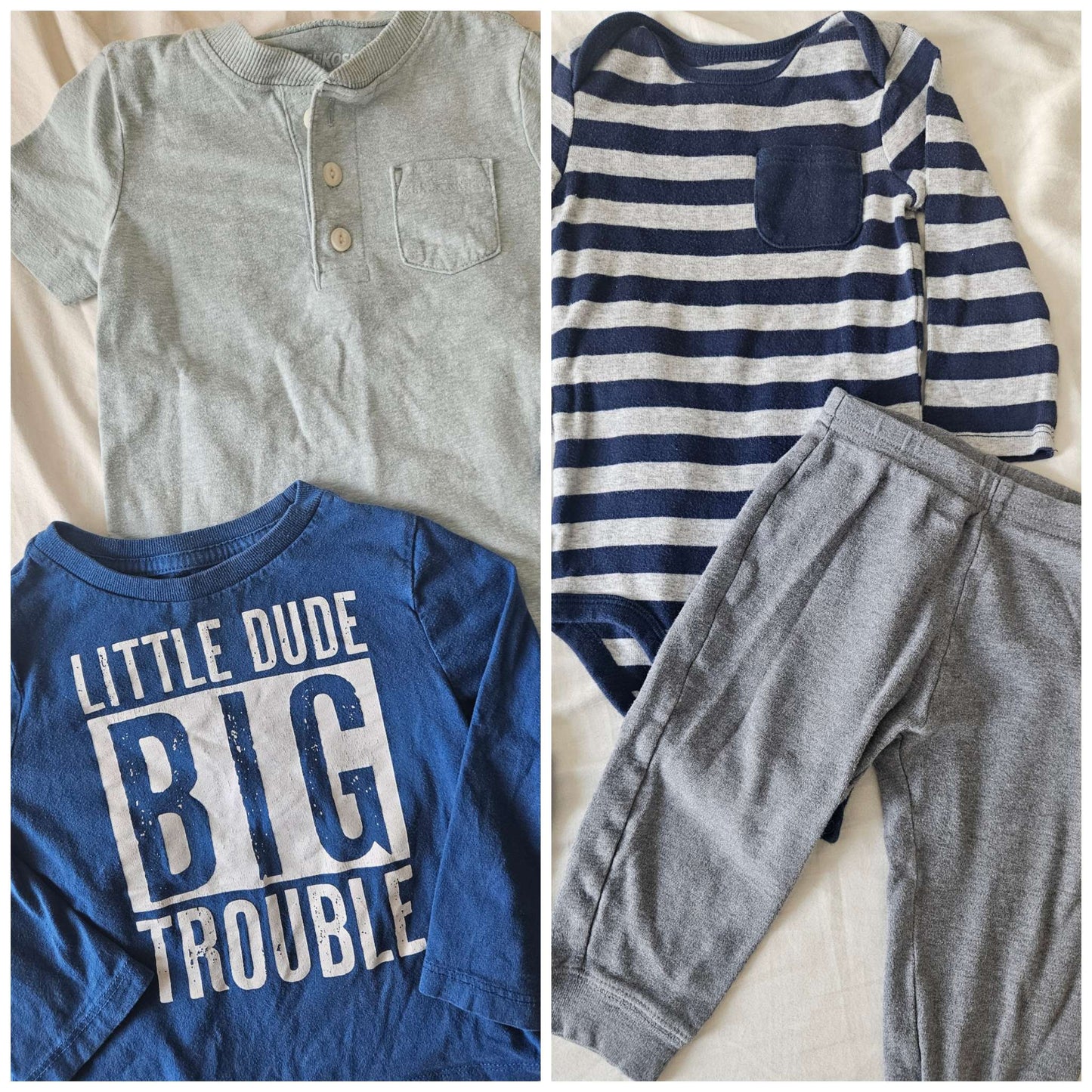 5 piece boys 12-18 month set (light blue shirt, blue/grey striped diaper shirt, grey sweats,big trouble, blue jumper), Kids 18 Month (12-18M)